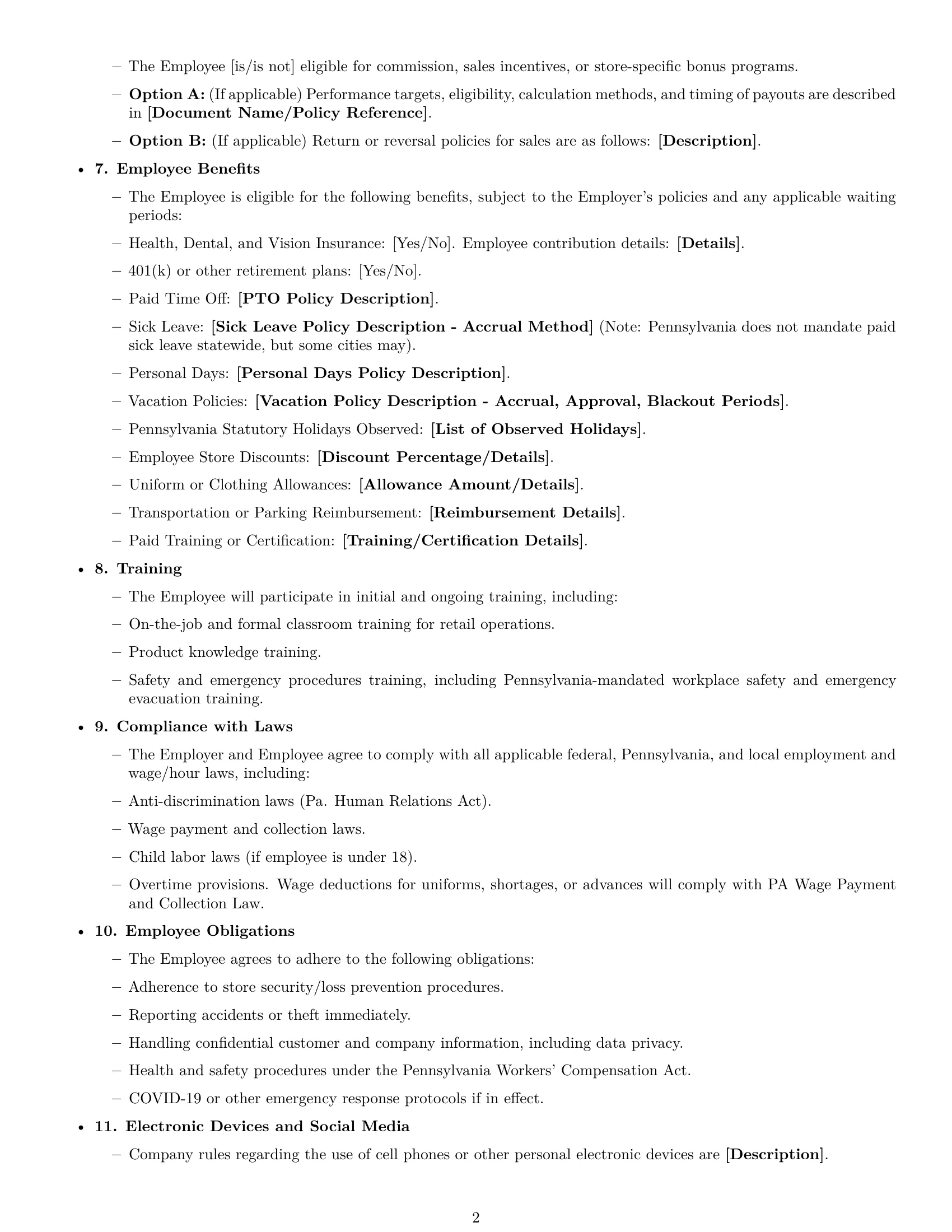Preview page 2 of Free Pennsylvania retail sales associate employment contract template