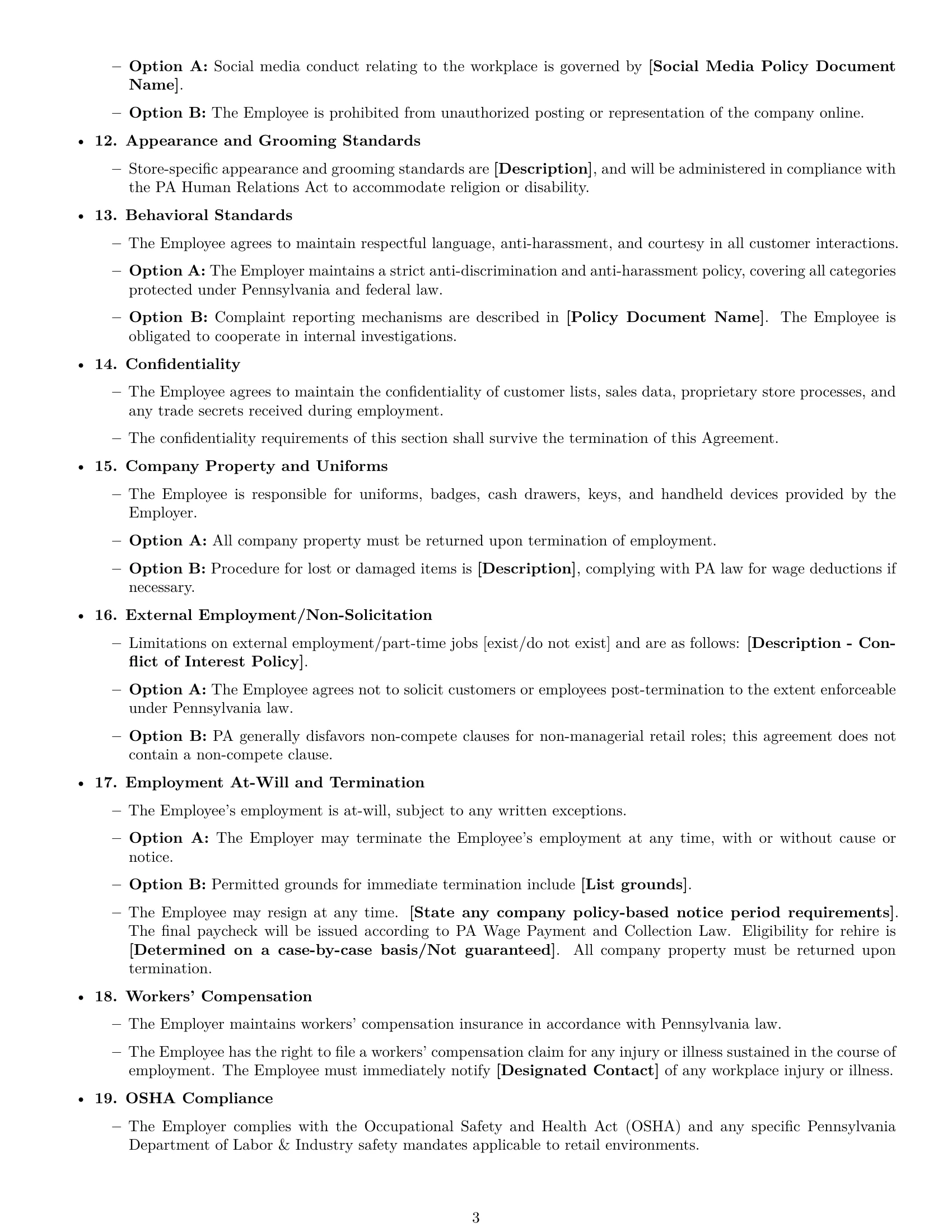 Preview page 3 of Free Pennsylvania retail sales associate employment contract template