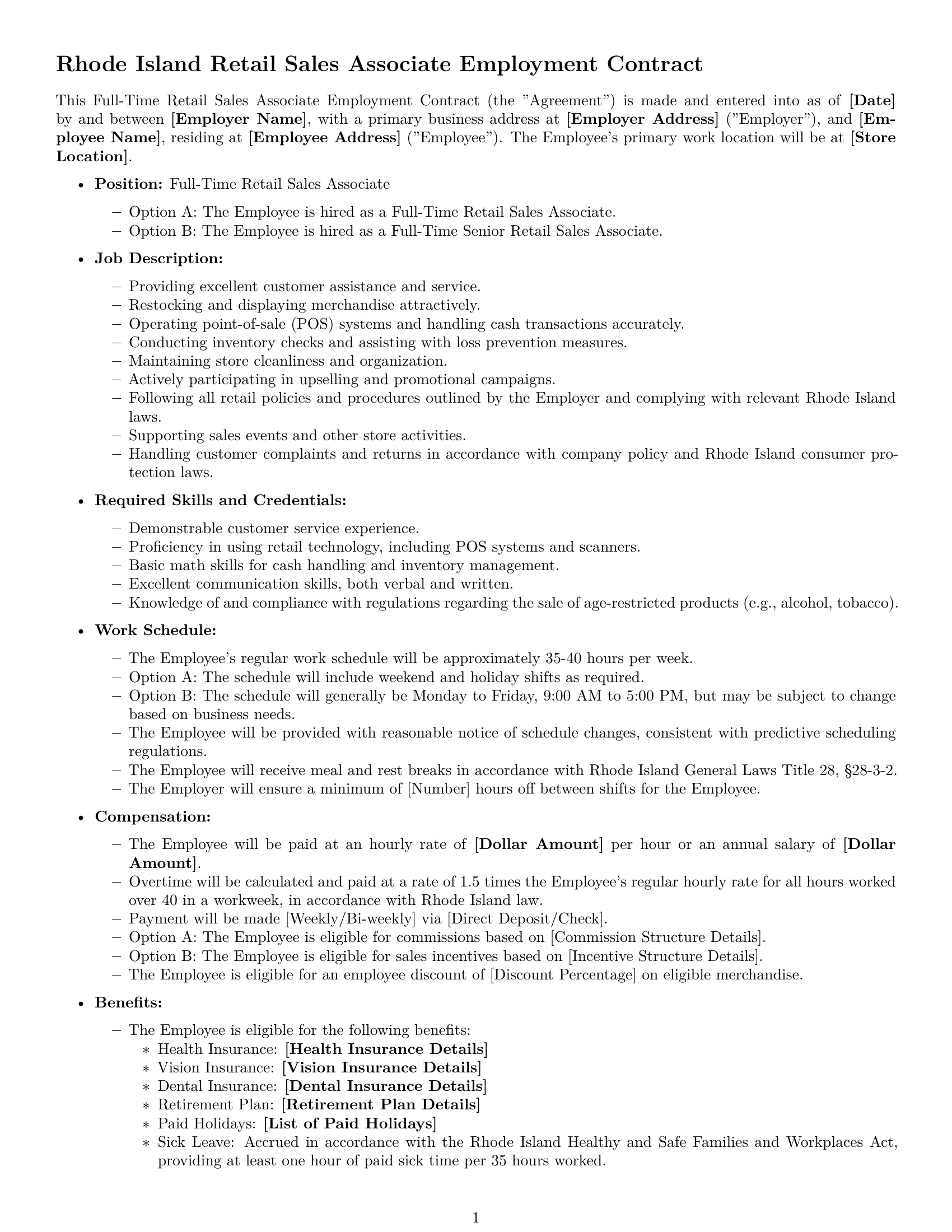 Preview page 1 of Free Rhode Island retail sales associate employment contract template