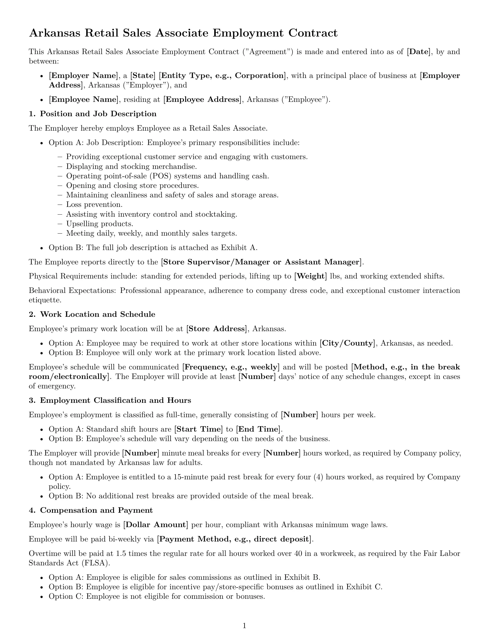Preview page 1 of Free Arkansas retail sales associate employment contract template