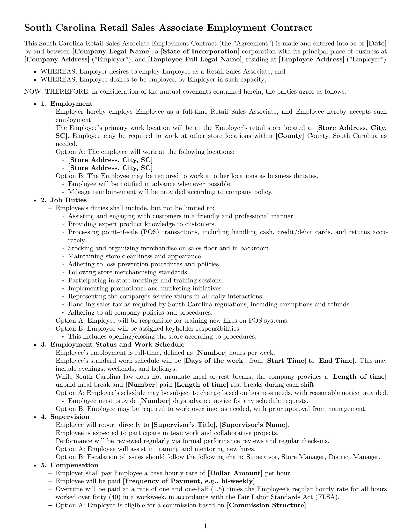 Preview page 1 of Free South Carolina retail sales associate employment contract template