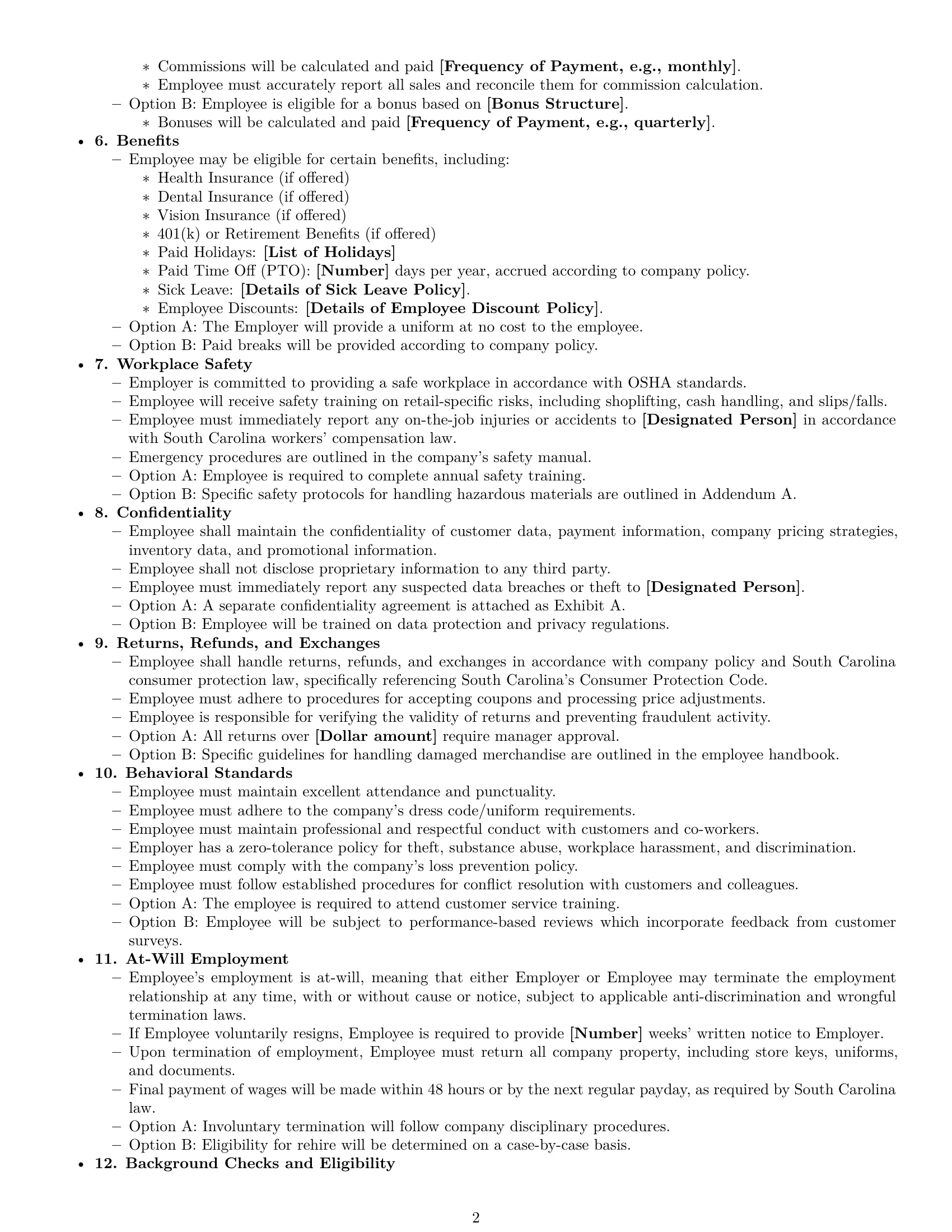 Preview page 2 of Free South Carolina retail sales associate employment contract template