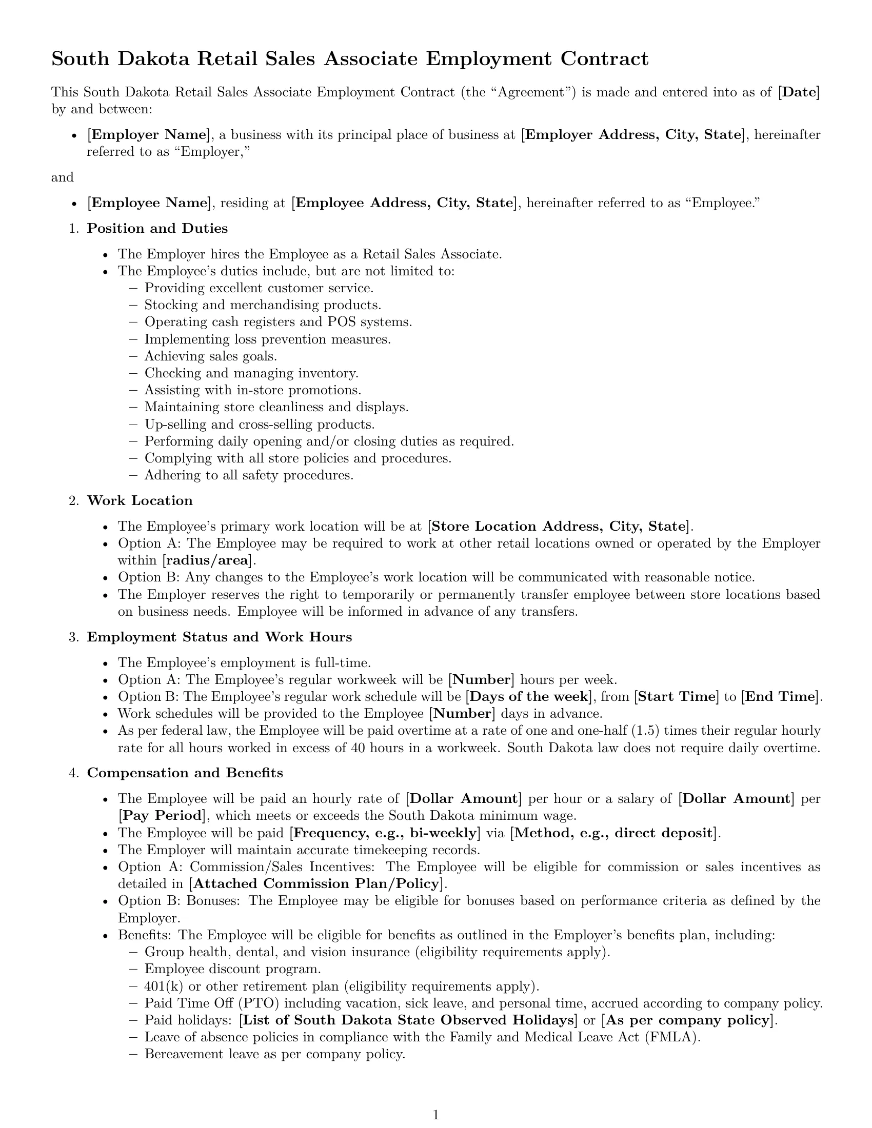 Preview page 1 of Free South Dakota retail sales associate employment contract template