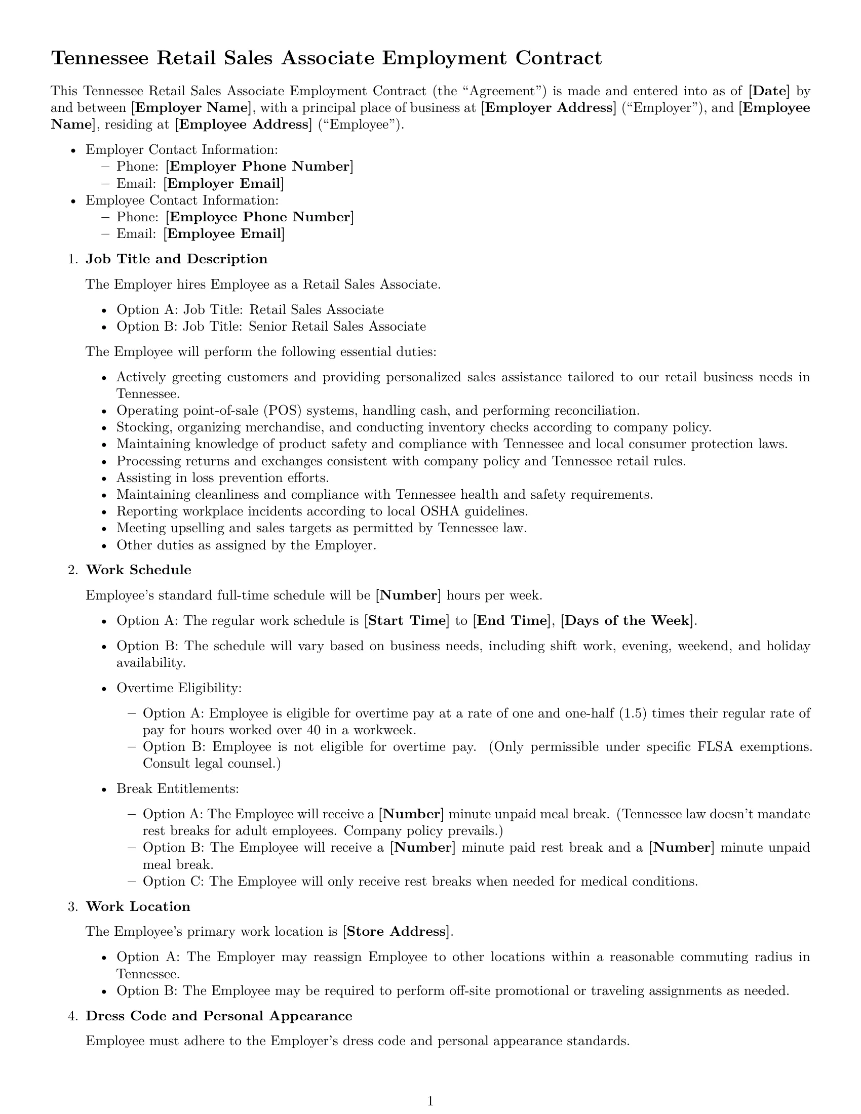 Preview page 1 of Free Tennessee retail sales associate employment contract template