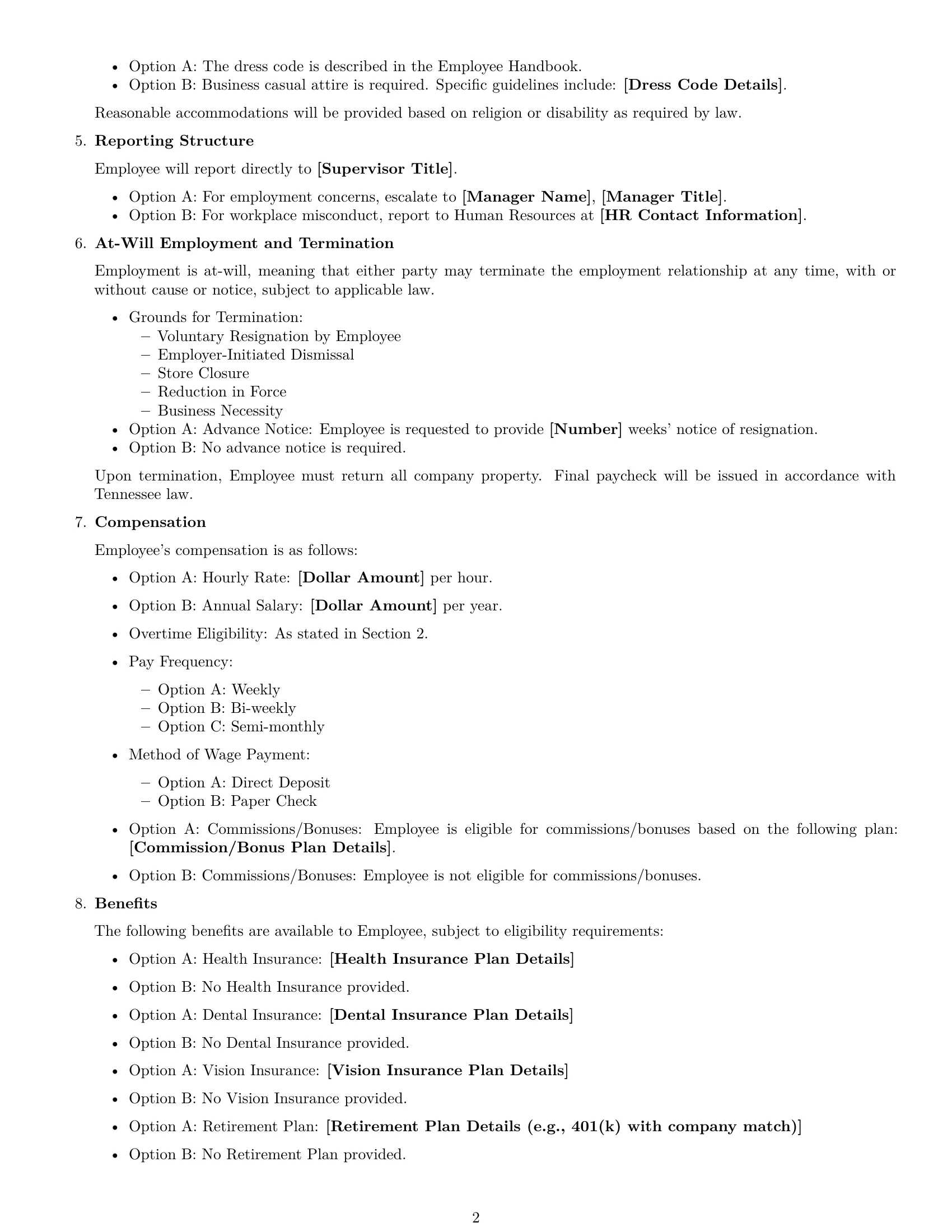 Preview page 2 of Free Tennessee retail sales associate employment contract template