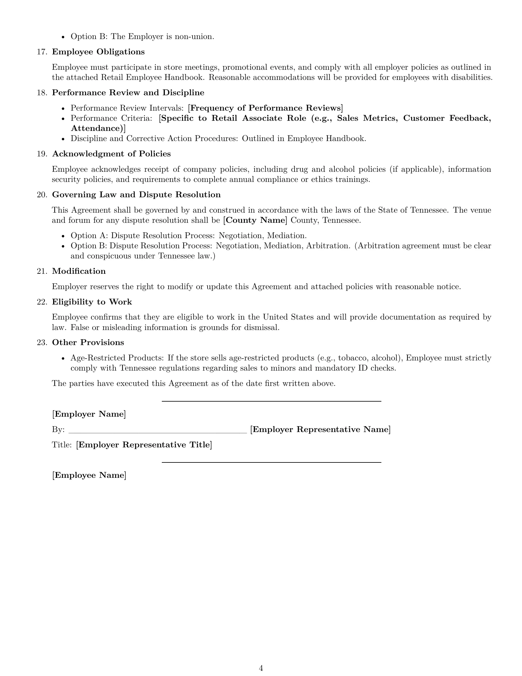 Preview page 4 of Free Tennessee retail sales associate employment contract template