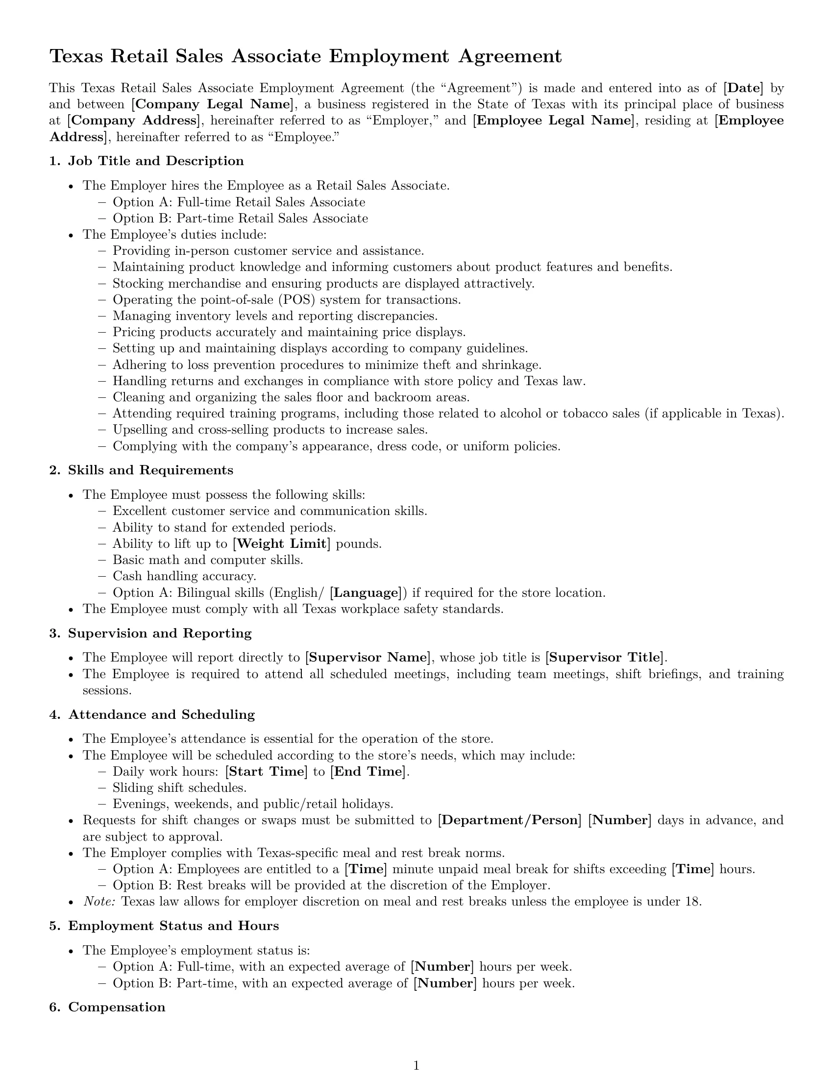 Preview page 1 of Free Texas retail sales associate employment contract template