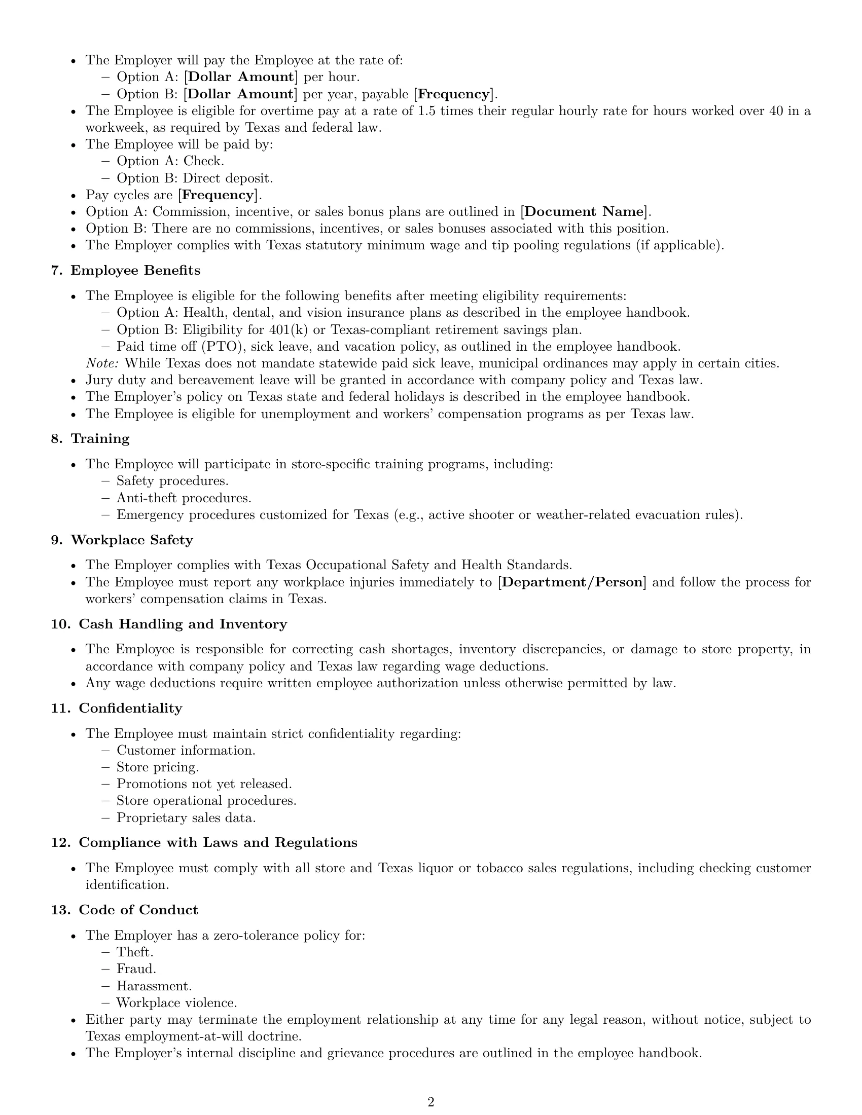 Preview page 2 of Free Texas retail sales associate employment contract template