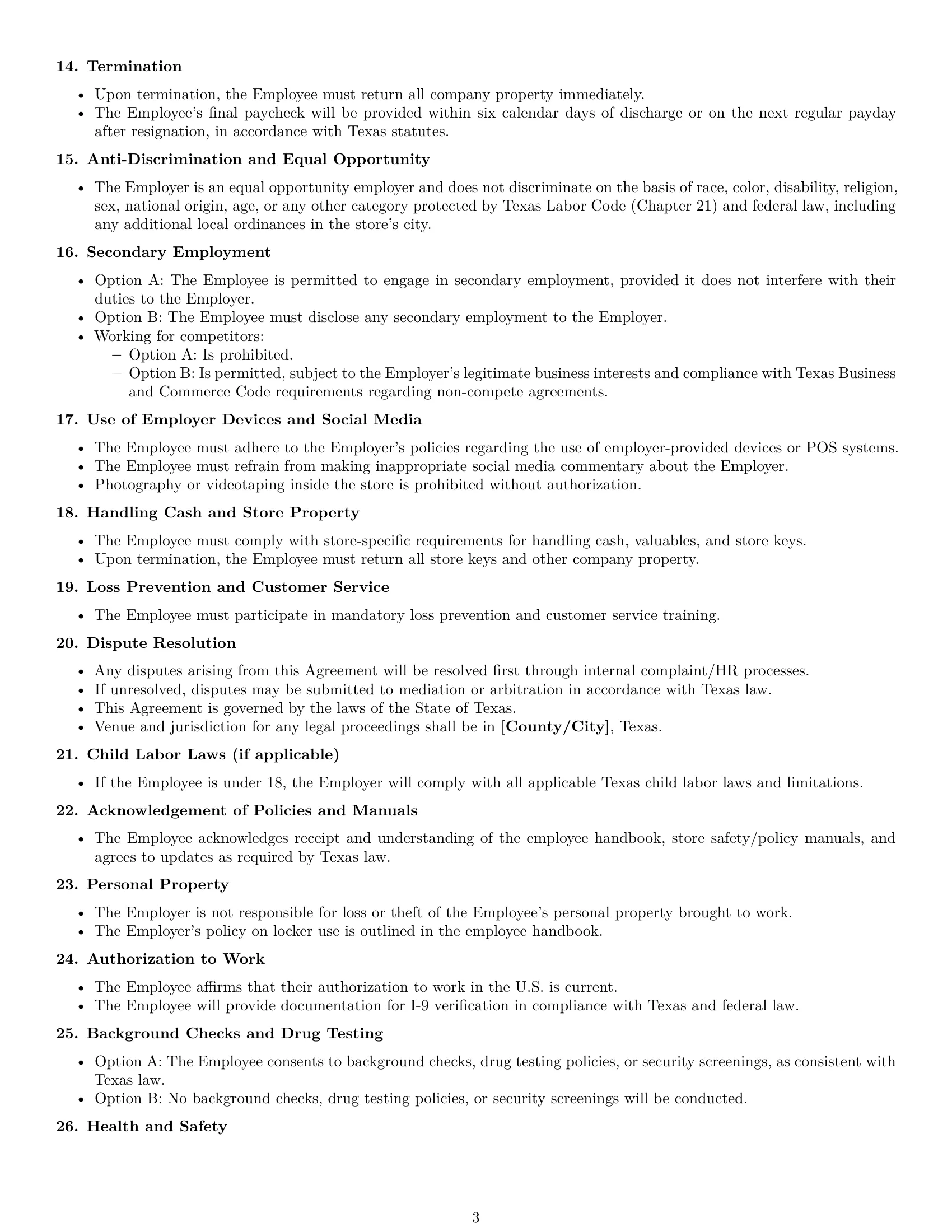 Preview page 3 of Free Texas retail sales associate employment contract template