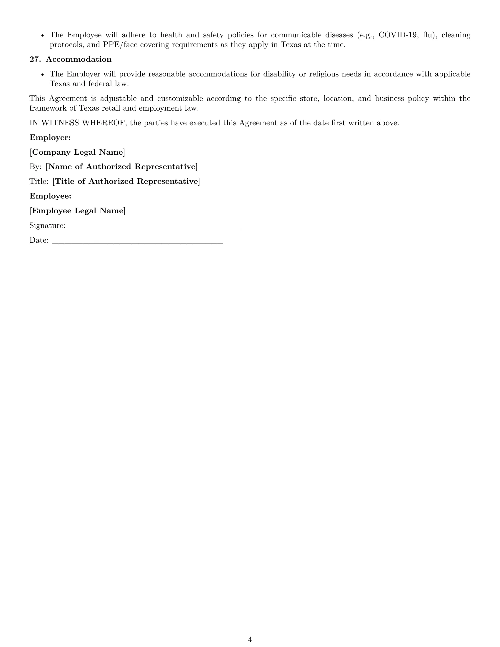 Preview page 4 of Free Texas retail sales associate employment contract template