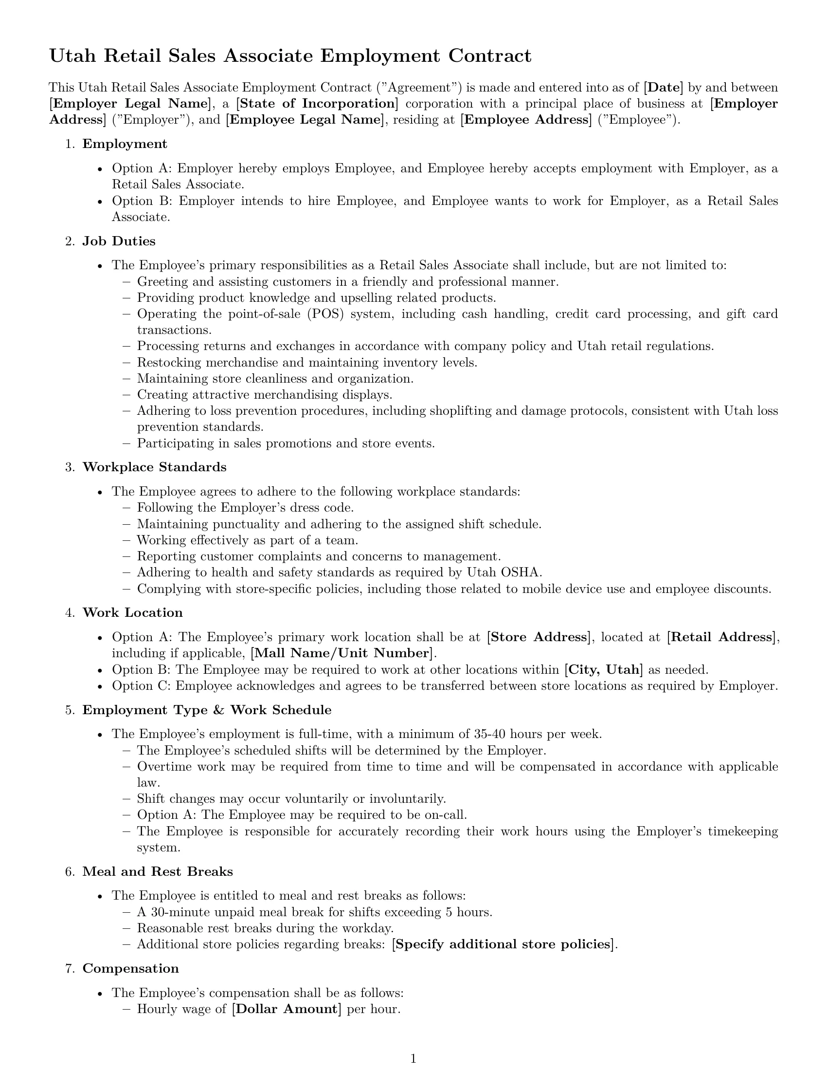Preview page 1 of Free Utah retail sales associate employment contract template