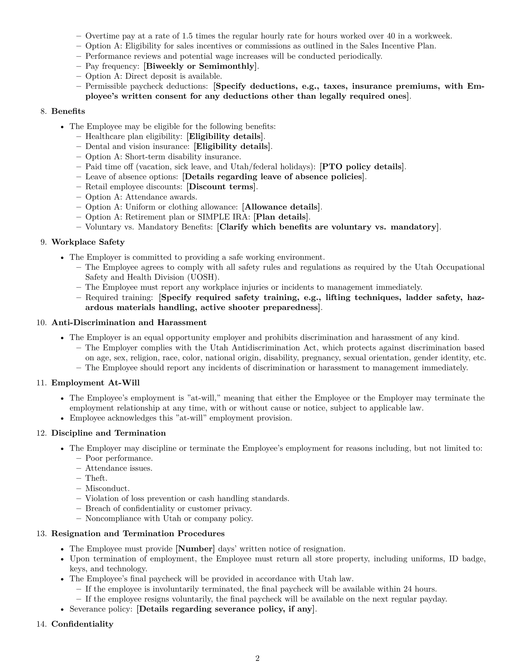 Preview page 2 of Free Utah retail sales associate employment contract template