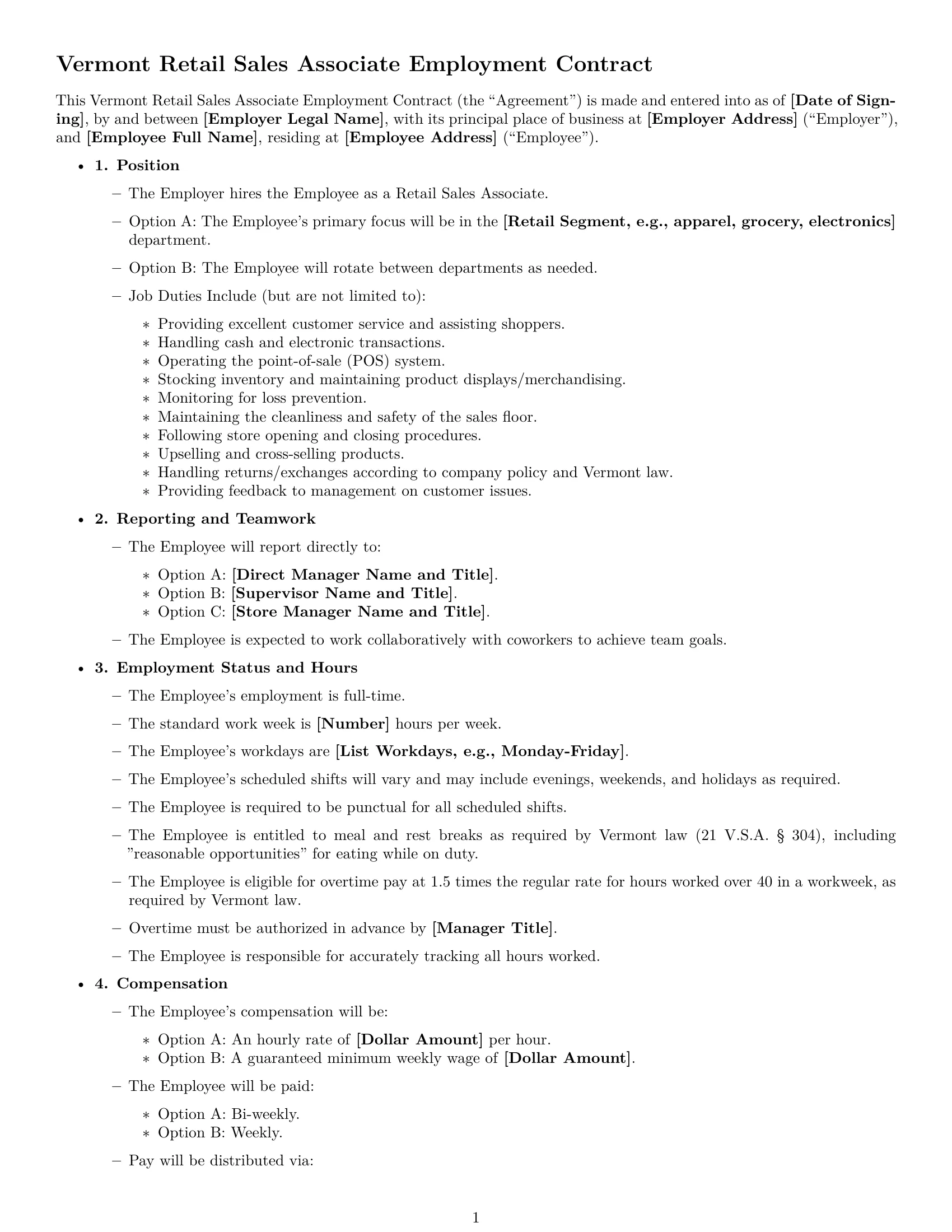 Preview page 1 of Free Vermont retail sales associate employment contract template