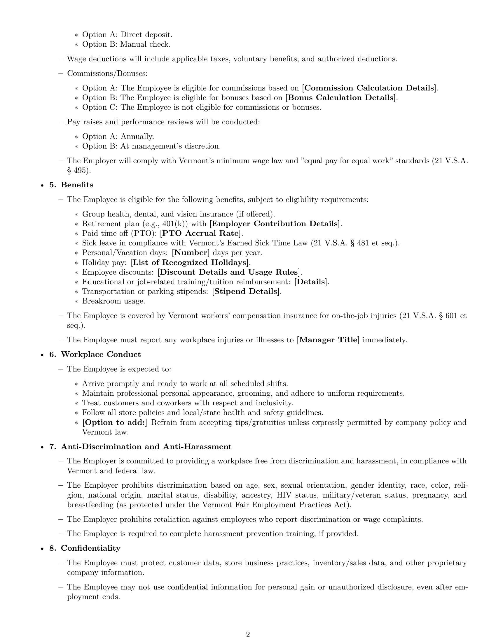 Preview page 2 of Free Vermont retail sales associate employment contract template