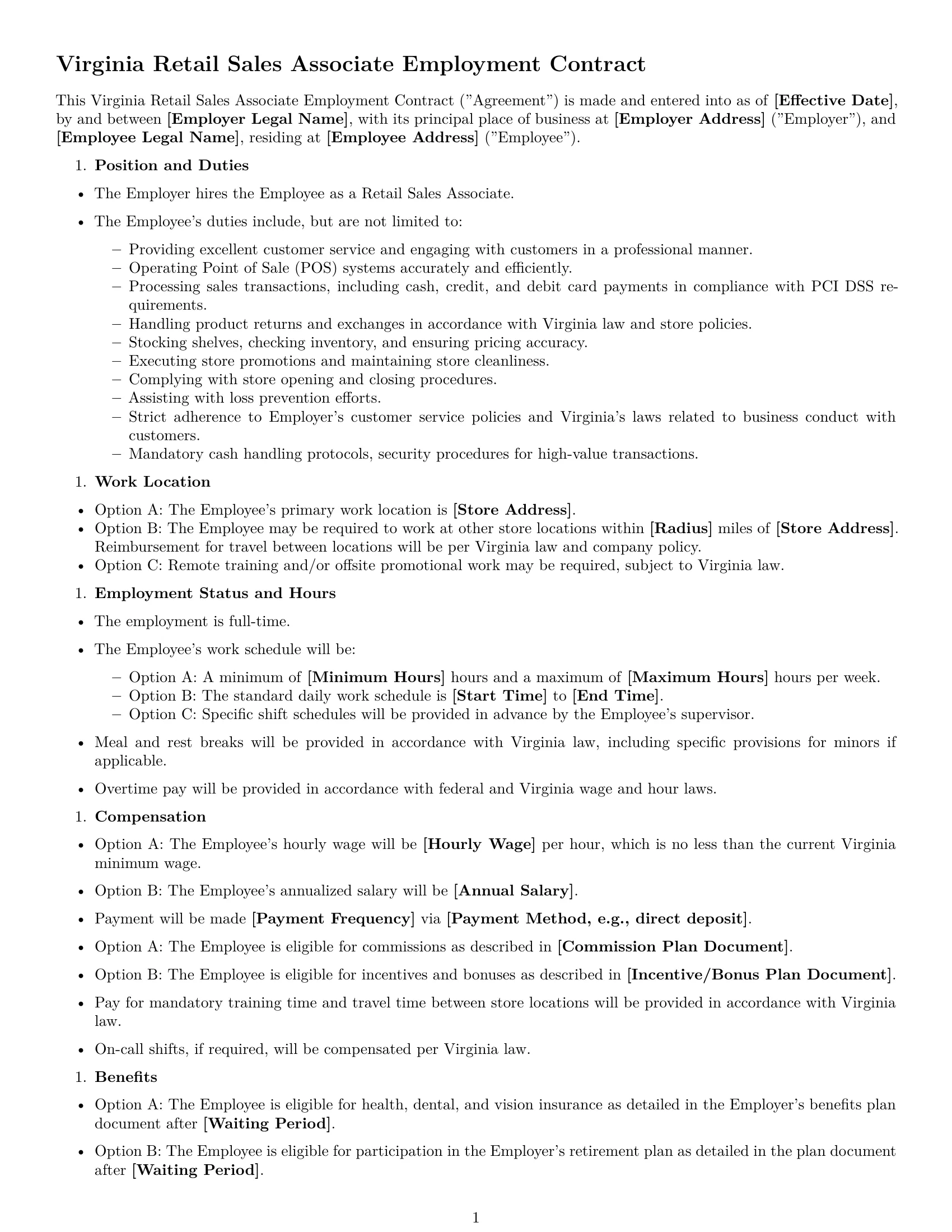 Preview page 1 of Free Virginia retail sales associate employment contract template