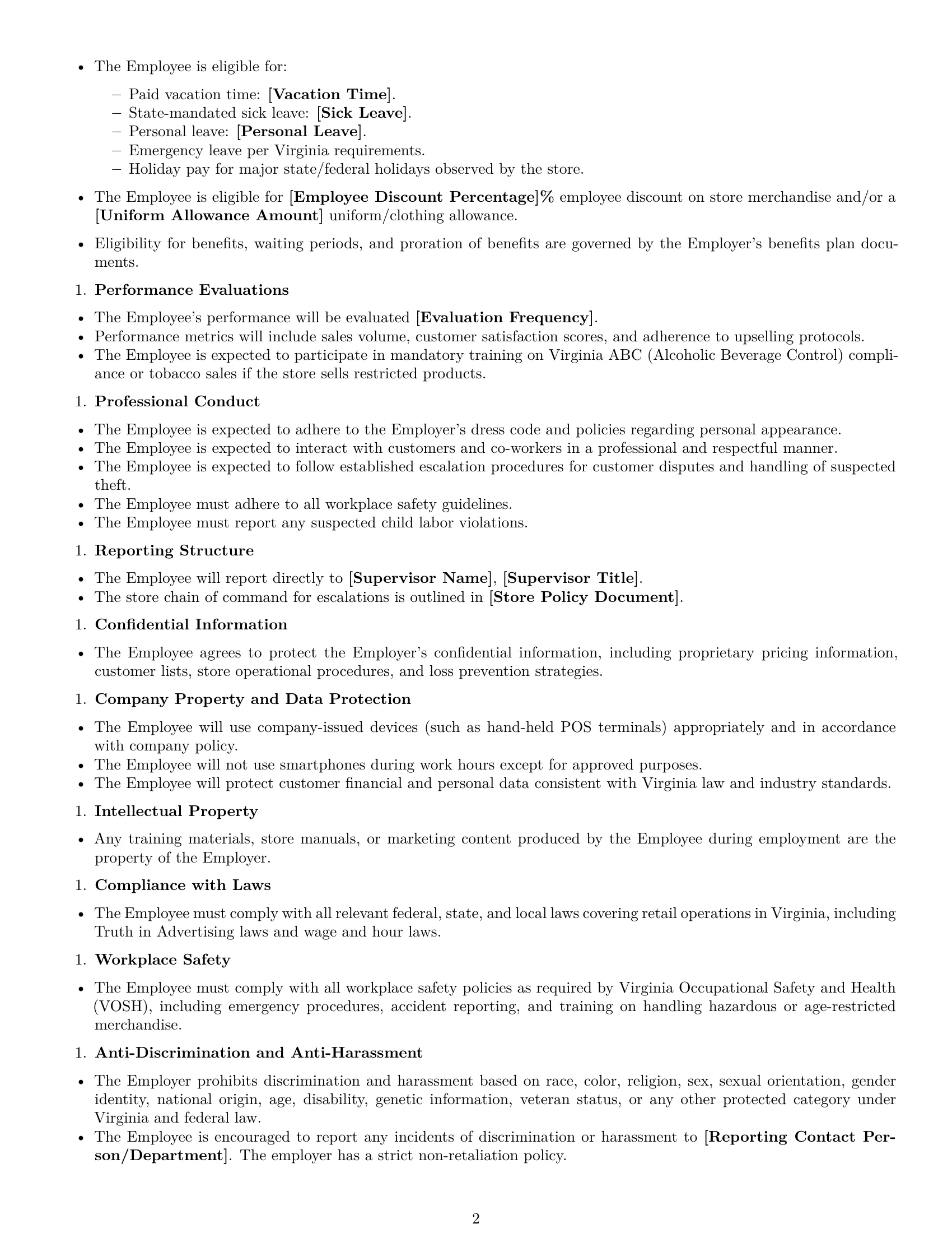 Preview page 2 of Free Virginia retail sales associate employment contract template
