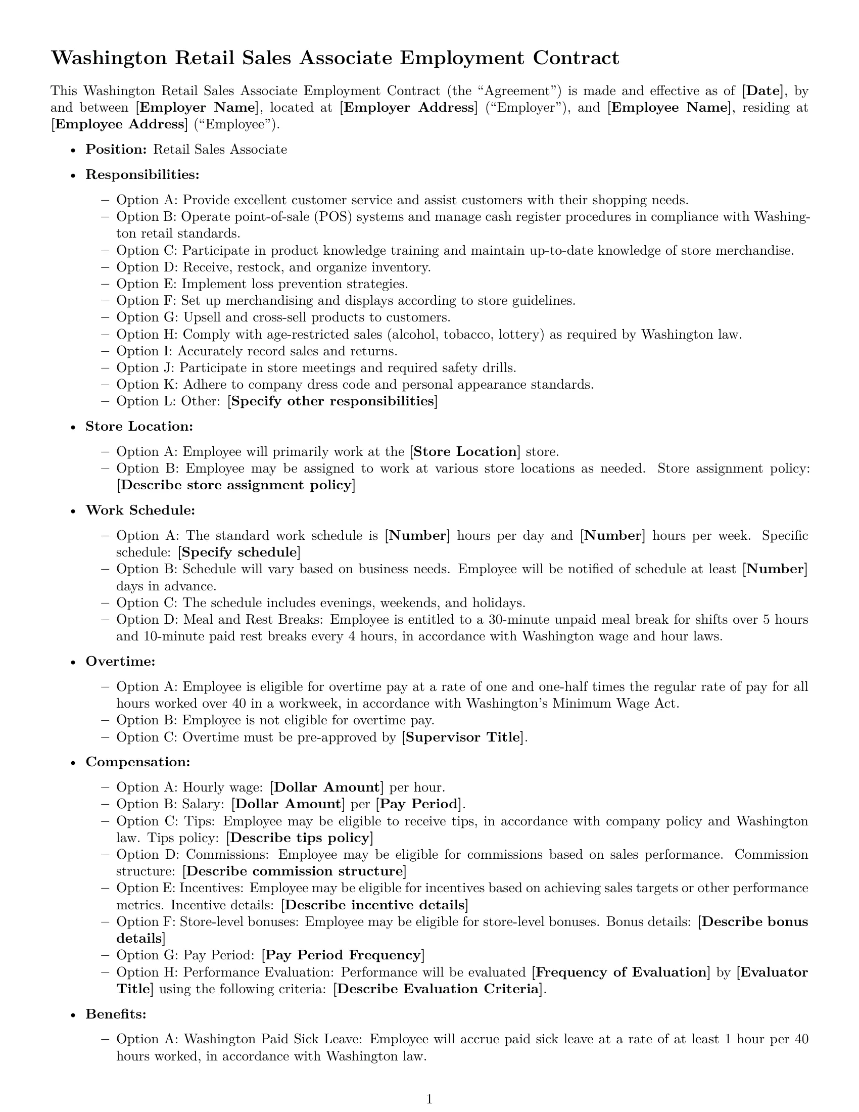 Preview page 1 of Free Washington retail sales associate employment contract template