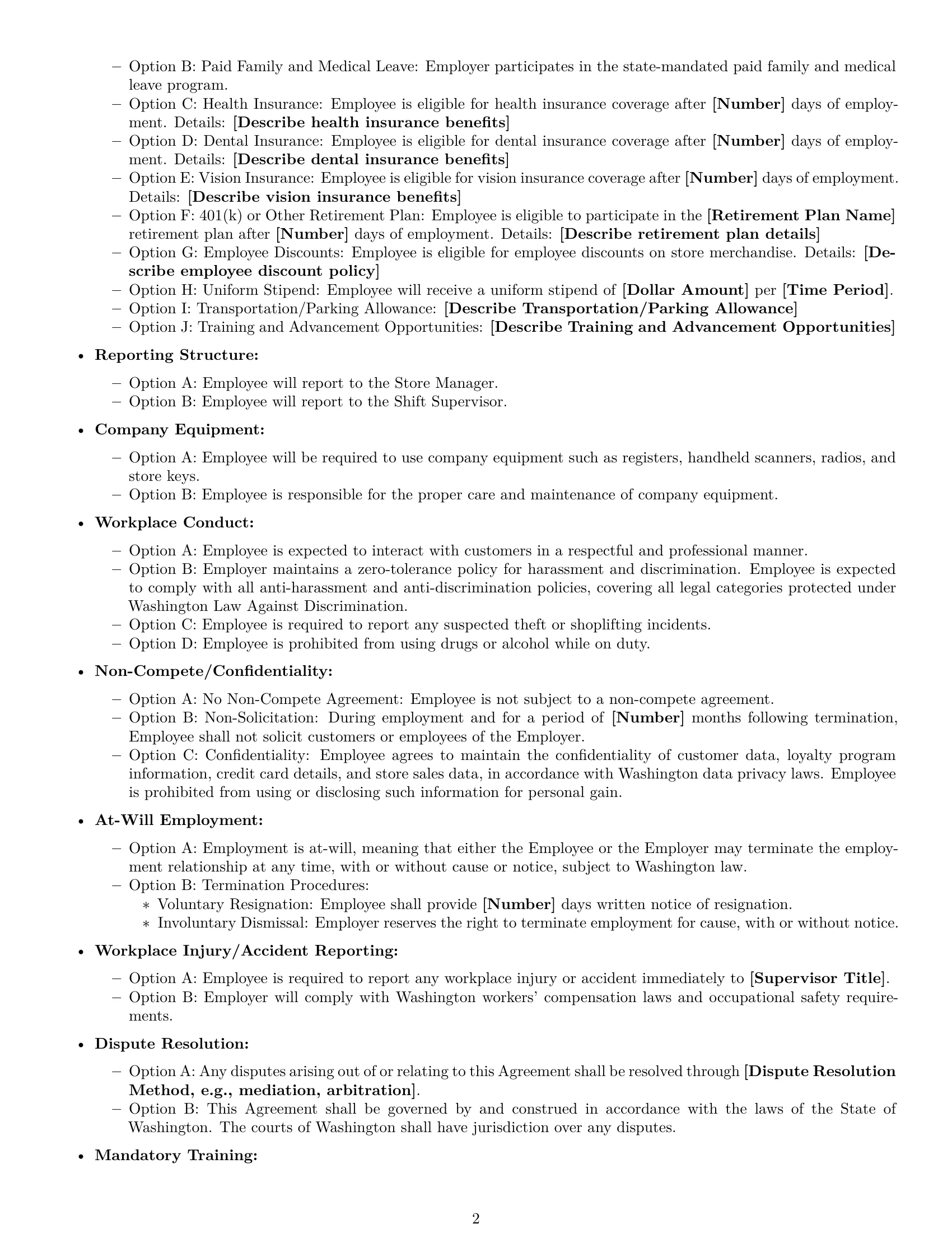 Preview page 2 of Free Washington retail sales associate employment contract template