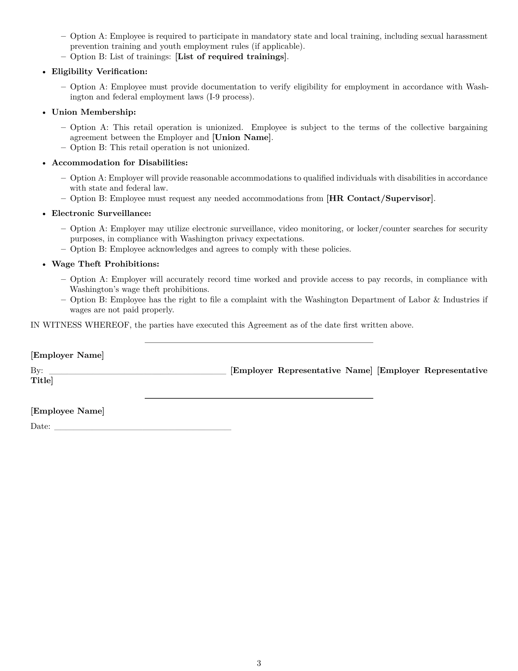 Preview page 3 of Free Washington retail sales associate employment contract template