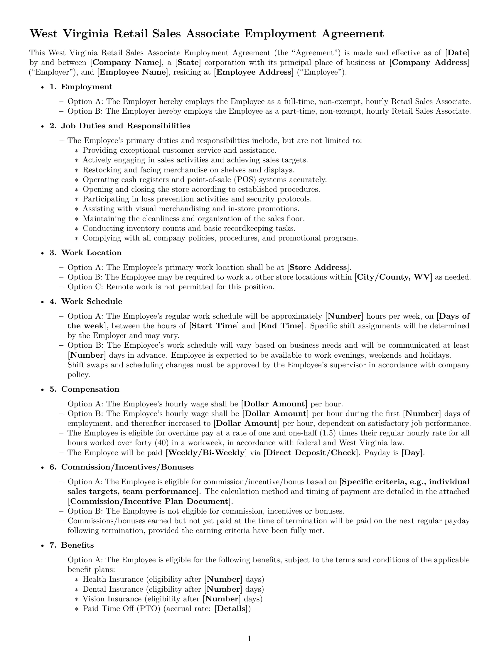 Preview page 1 of Free West Virginia retail sales associate employment contract template