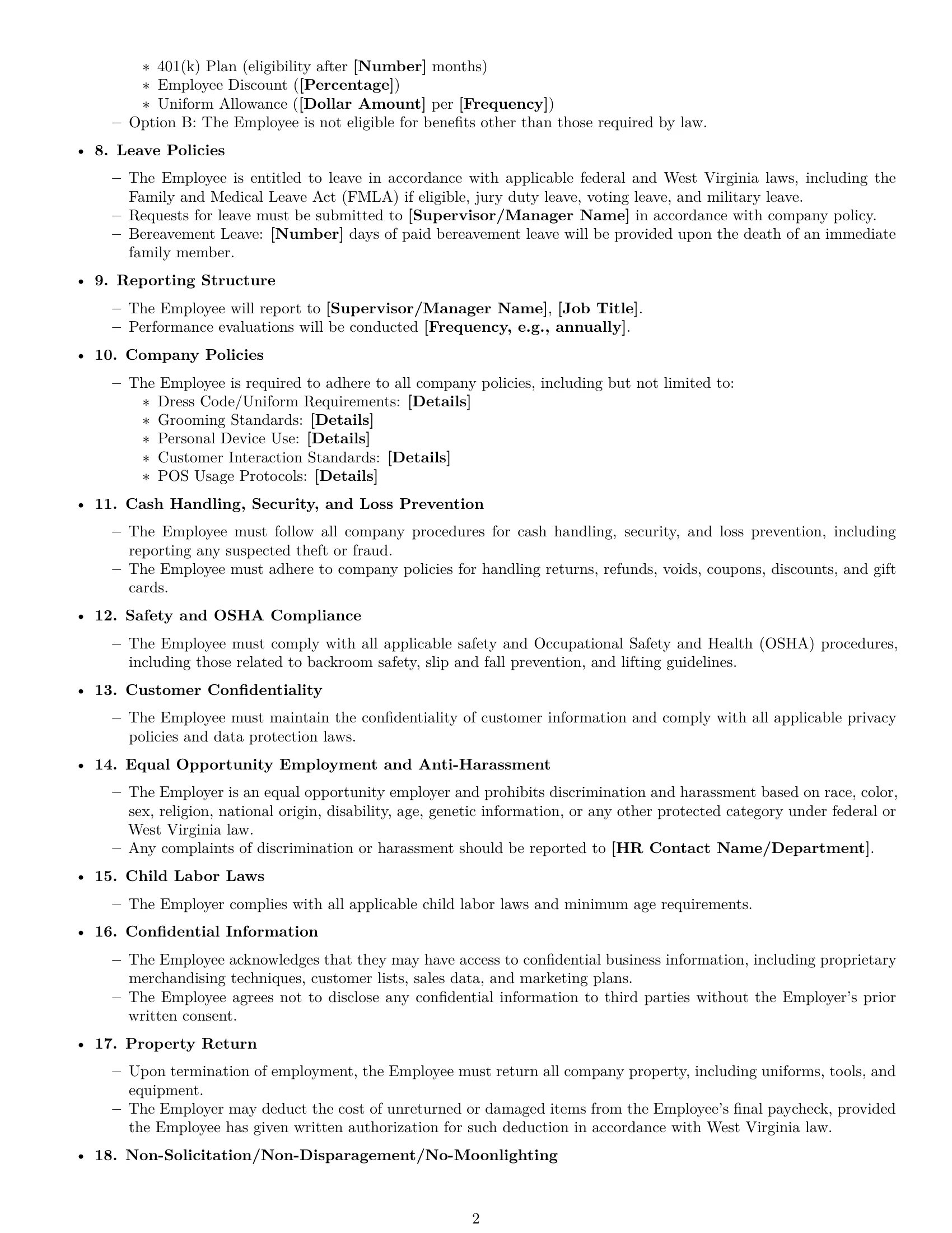 Preview page 2 of Free West Virginia retail sales associate employment contract template