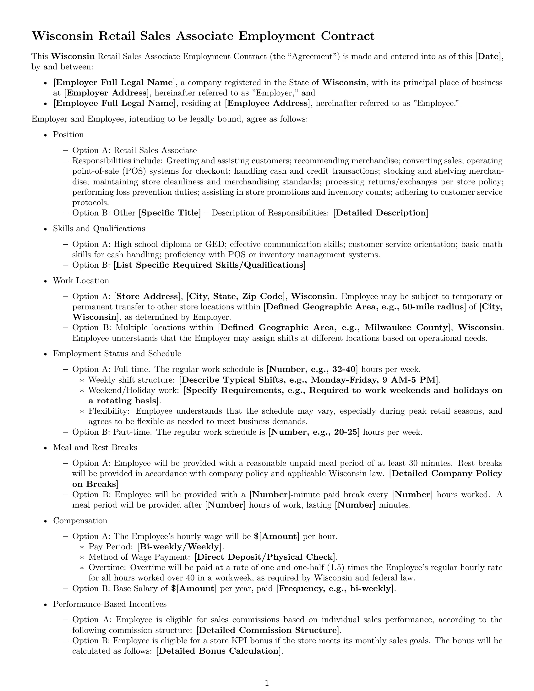 Preview page 1 of Free Wisconsin retail sales associate employment contract template