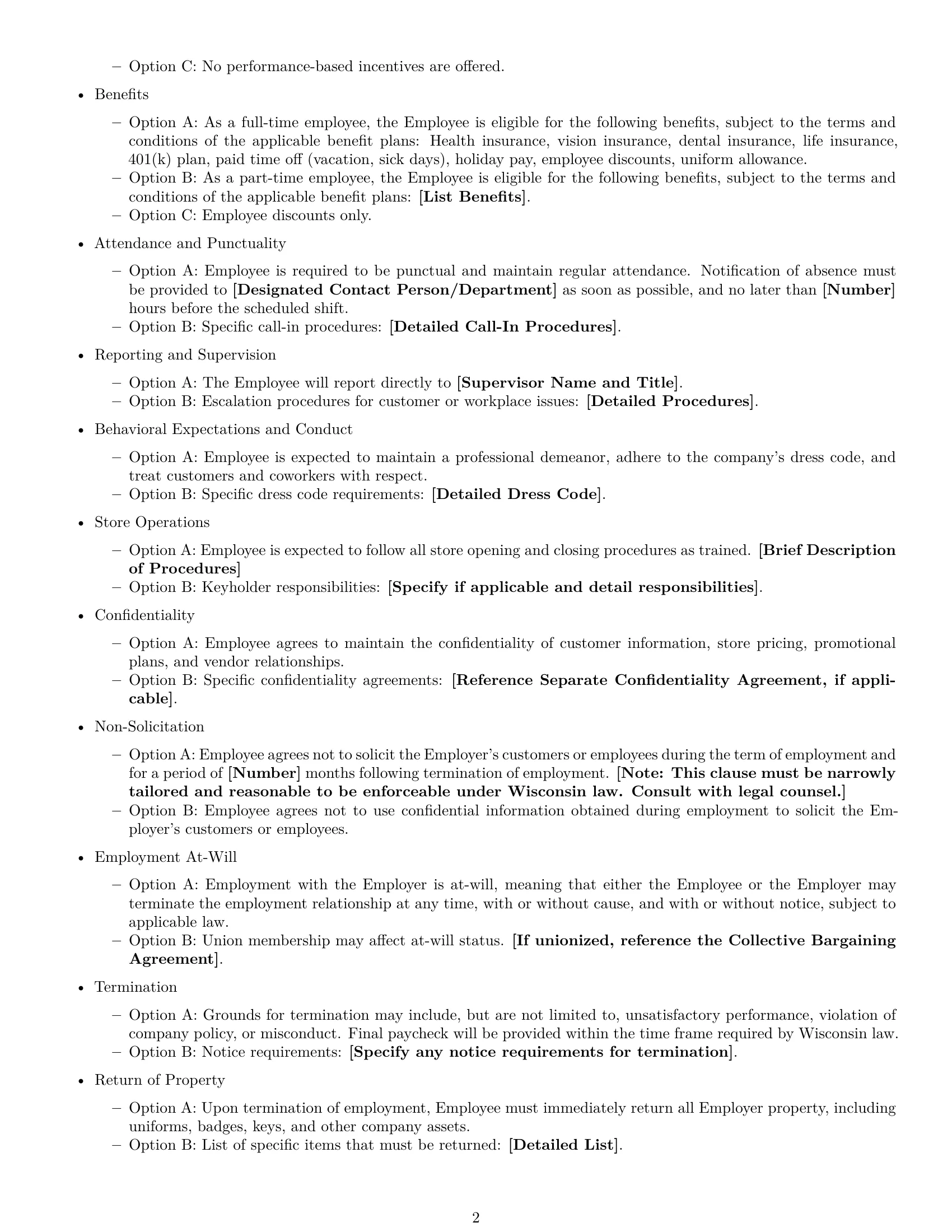 Preview page 2 of Free Wisconsin retail sales associate employment contract template