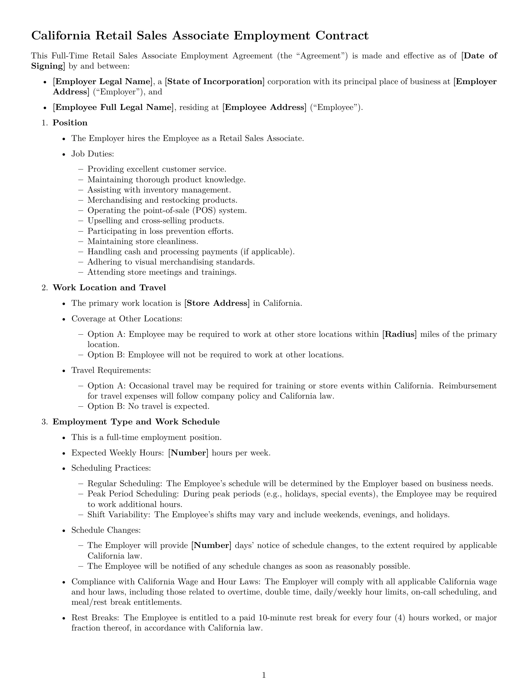 Preview page 1 of Free California retail sales associate employment contract template