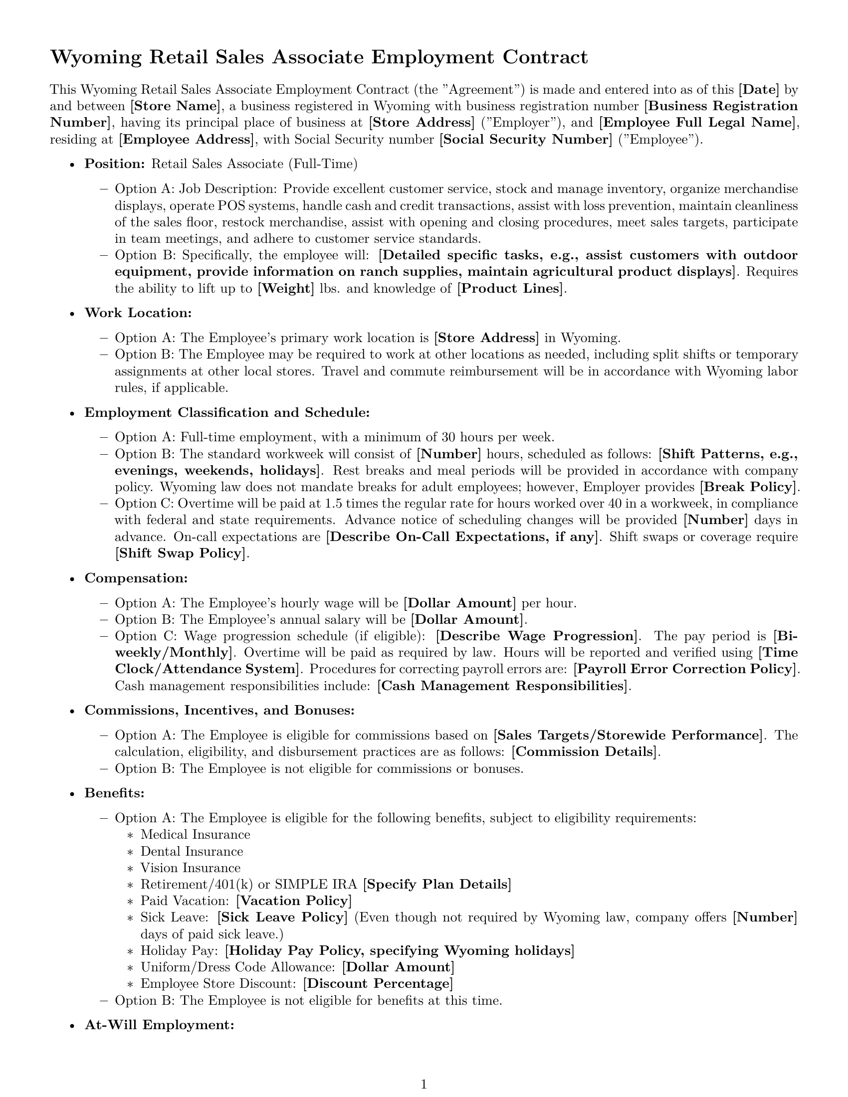 Preview page 1 of Free Wyoming retail sales associate employment contract template