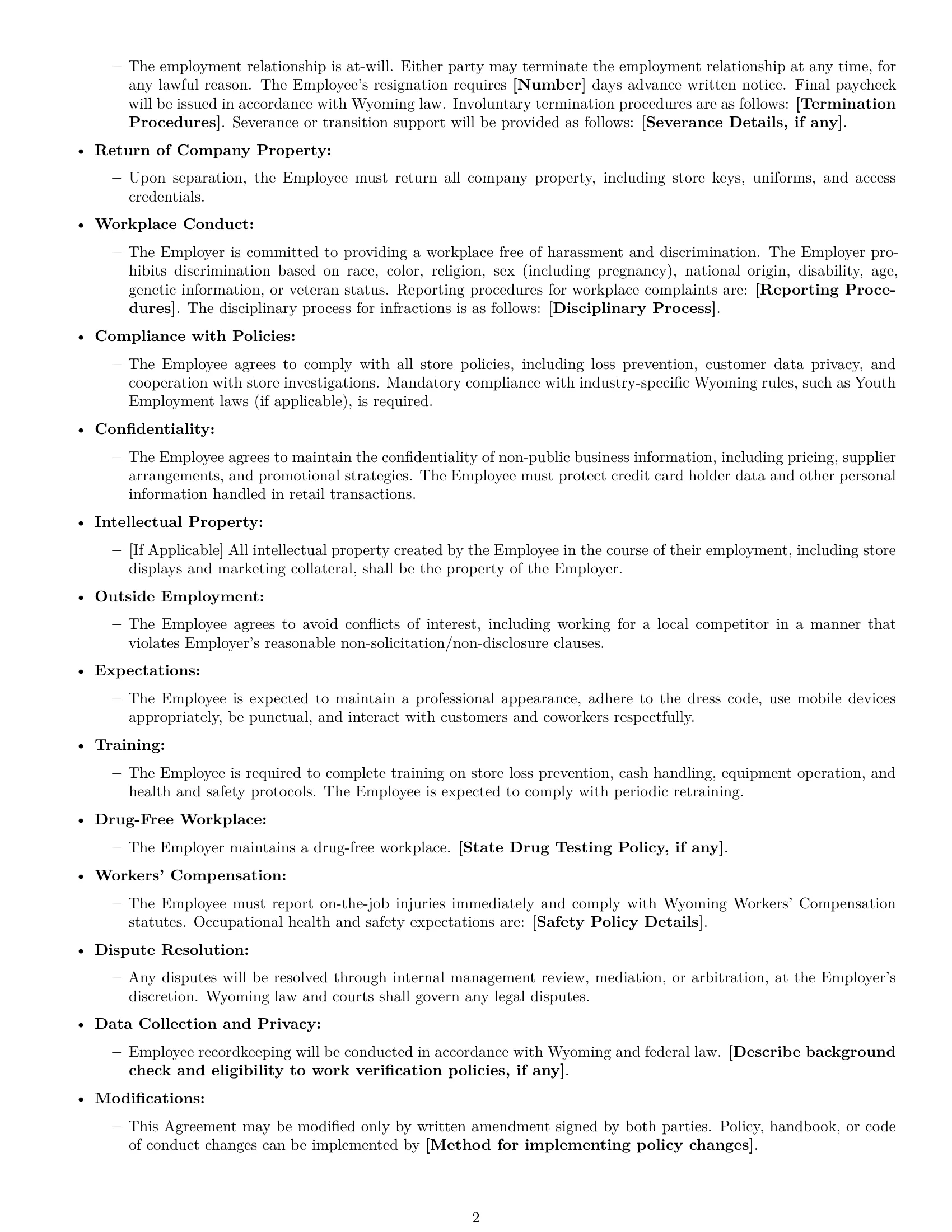 Preview page 2 of Free Wyoming retail sales associate employment contract template