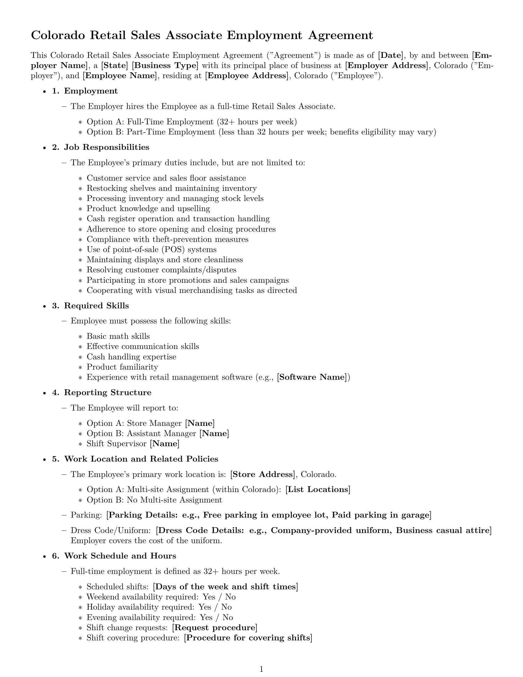 Preview page 1 of Free Colorado retail sales associate employment contract template