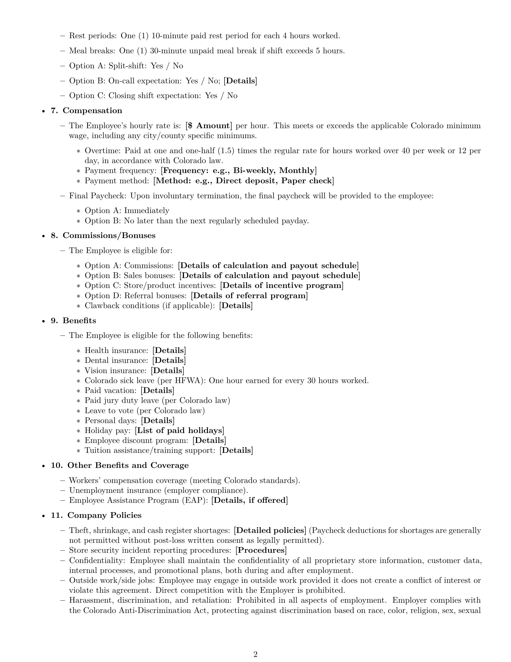 Preview page 2 of Free Colorado retail sales associate employment contract template