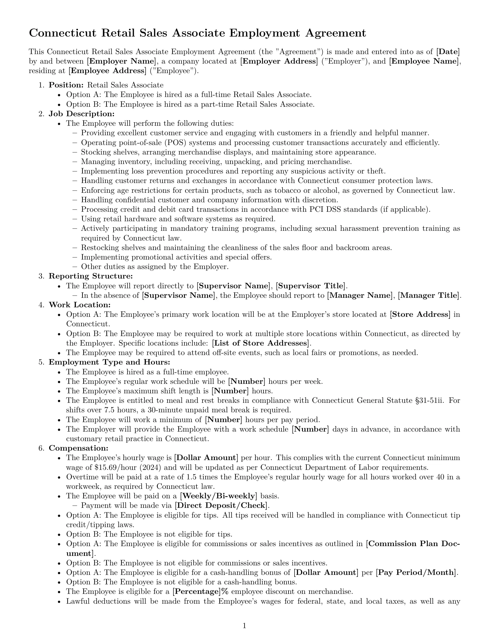 Preview page 1 of Free Connecticut retail sales associate employment contract template