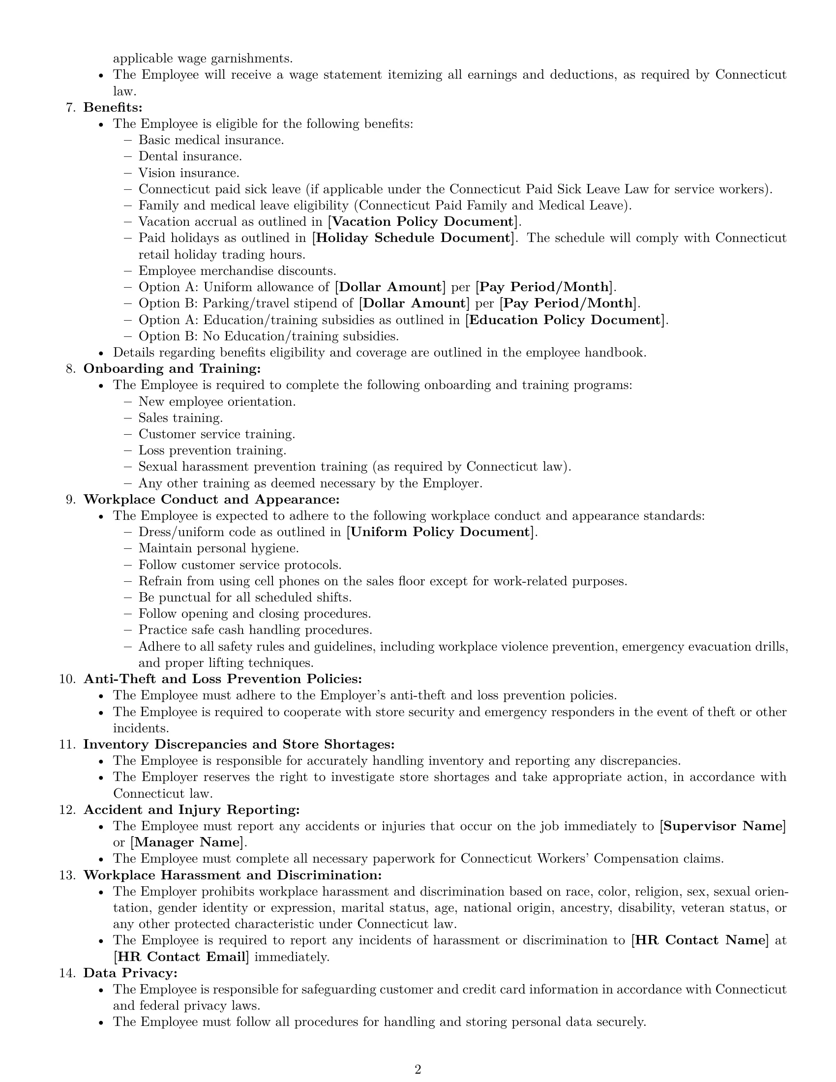 Preview page 2 of Free Connecticut retail sales associate employment contract template