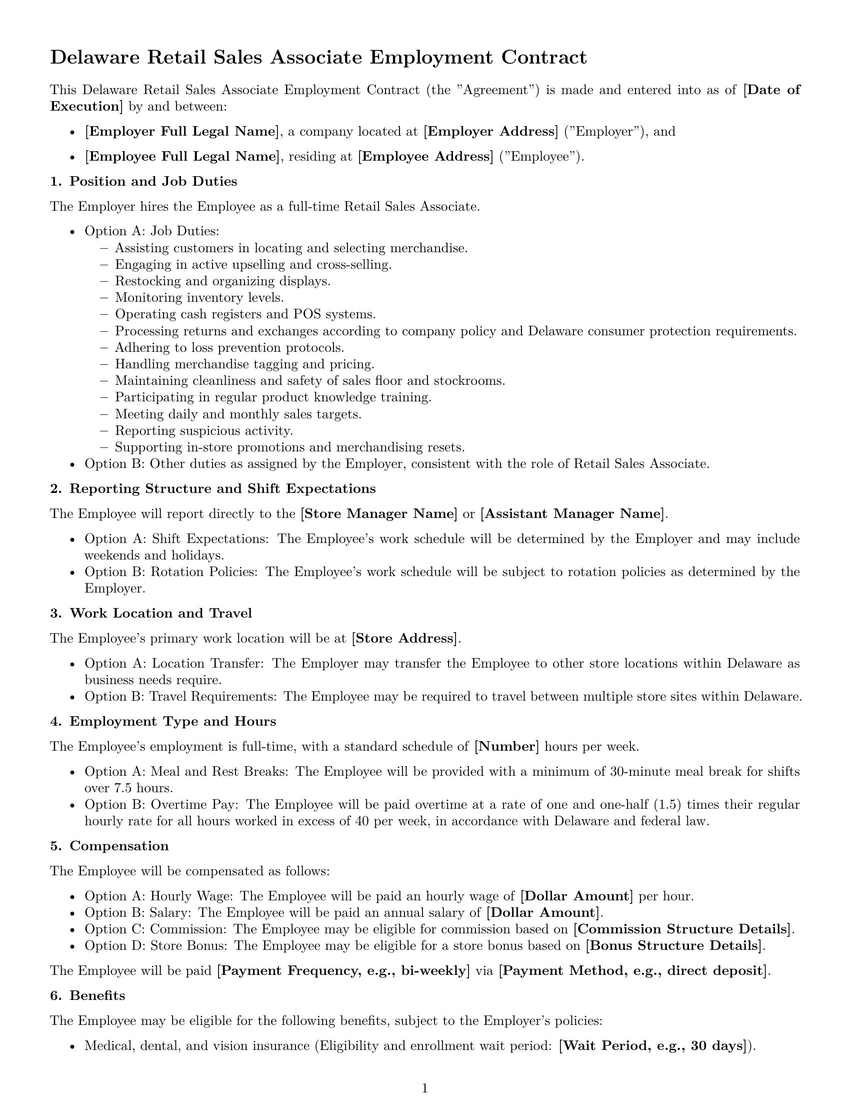 Preview page 1 of Free Delaware retail sales associate employment contract template