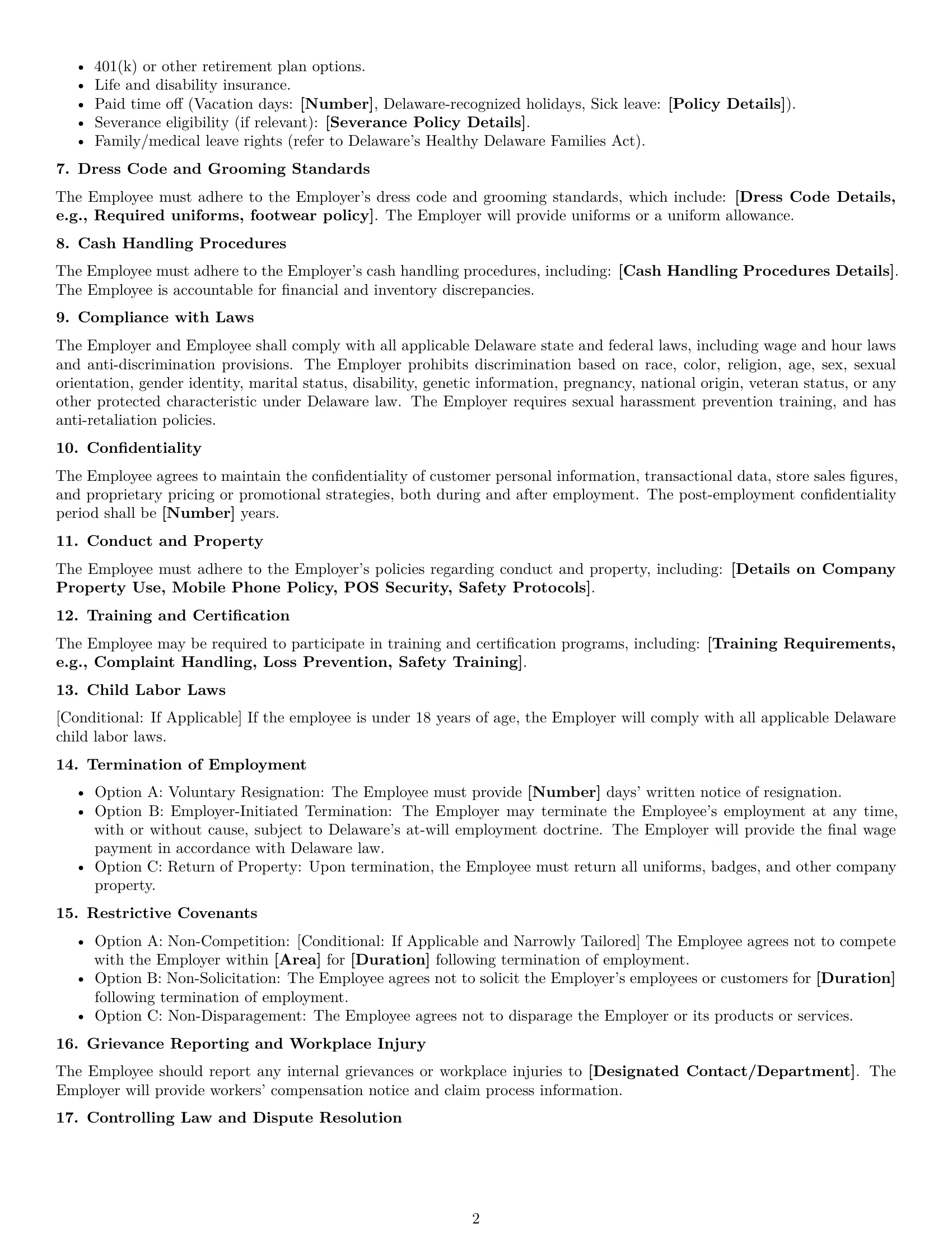 Preview page 2 of Free Delaware retail sales associate employment contract template