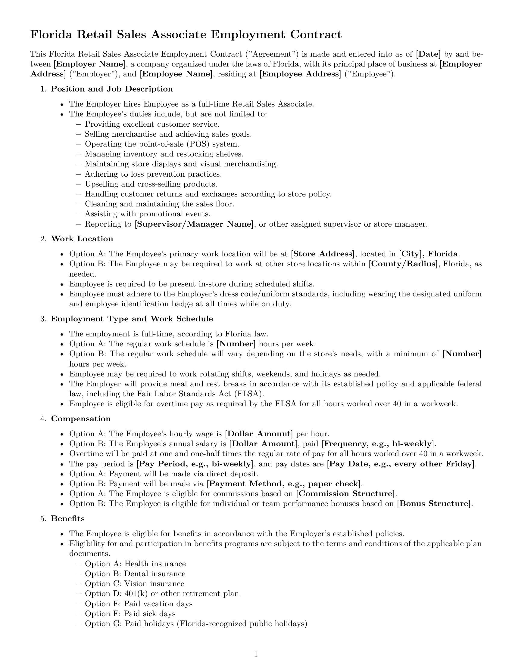 Preview page 1 of Free Florida retail sales associate employment contract template