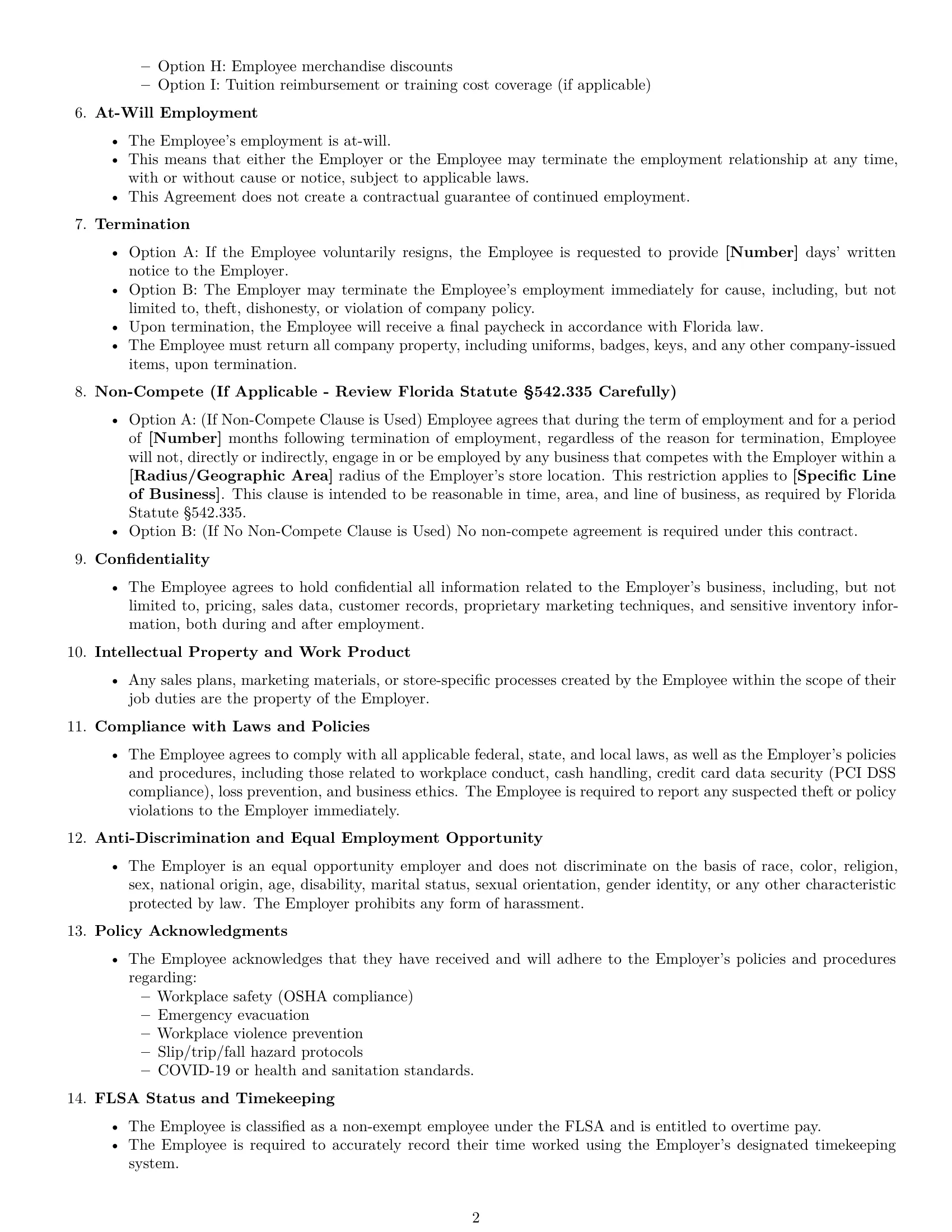 Preview page 2 of Free Florida retail sales associate employment contract template