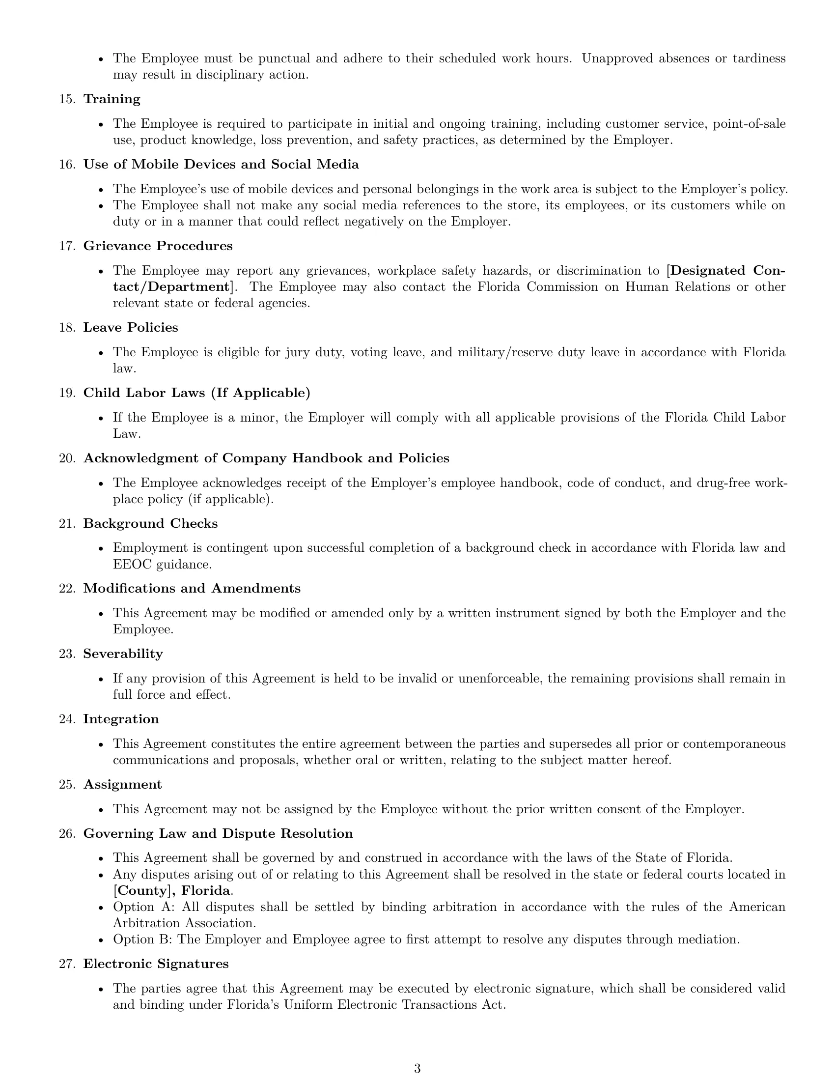 Preview page 3 of Free Florida retail sales associate employment contract template