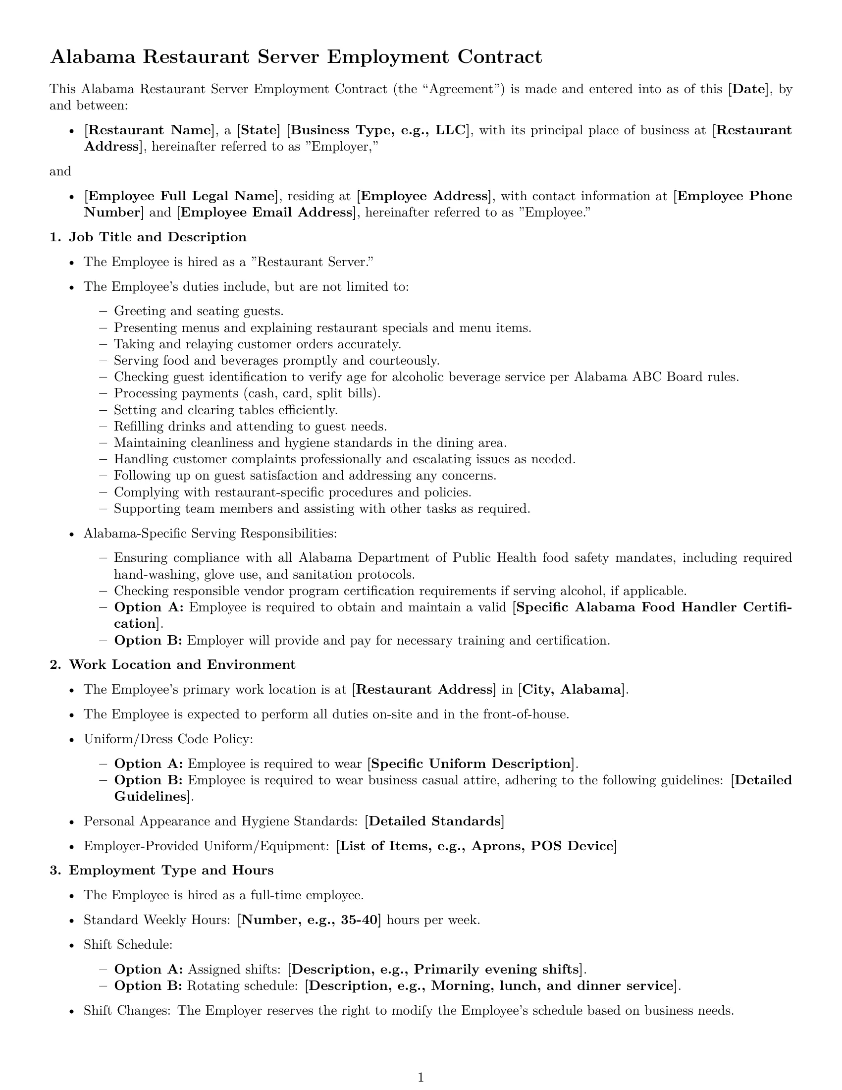 Preview page 1 of Free Alabama restaurant server employment contract template