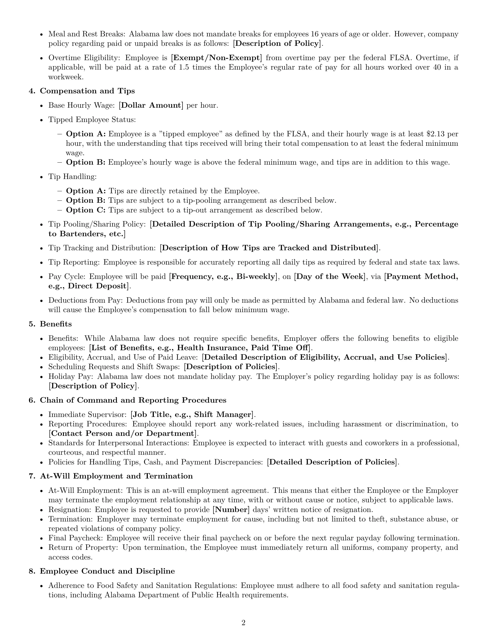 Preview page 2 of Free Alabama restaurant server employment contract template