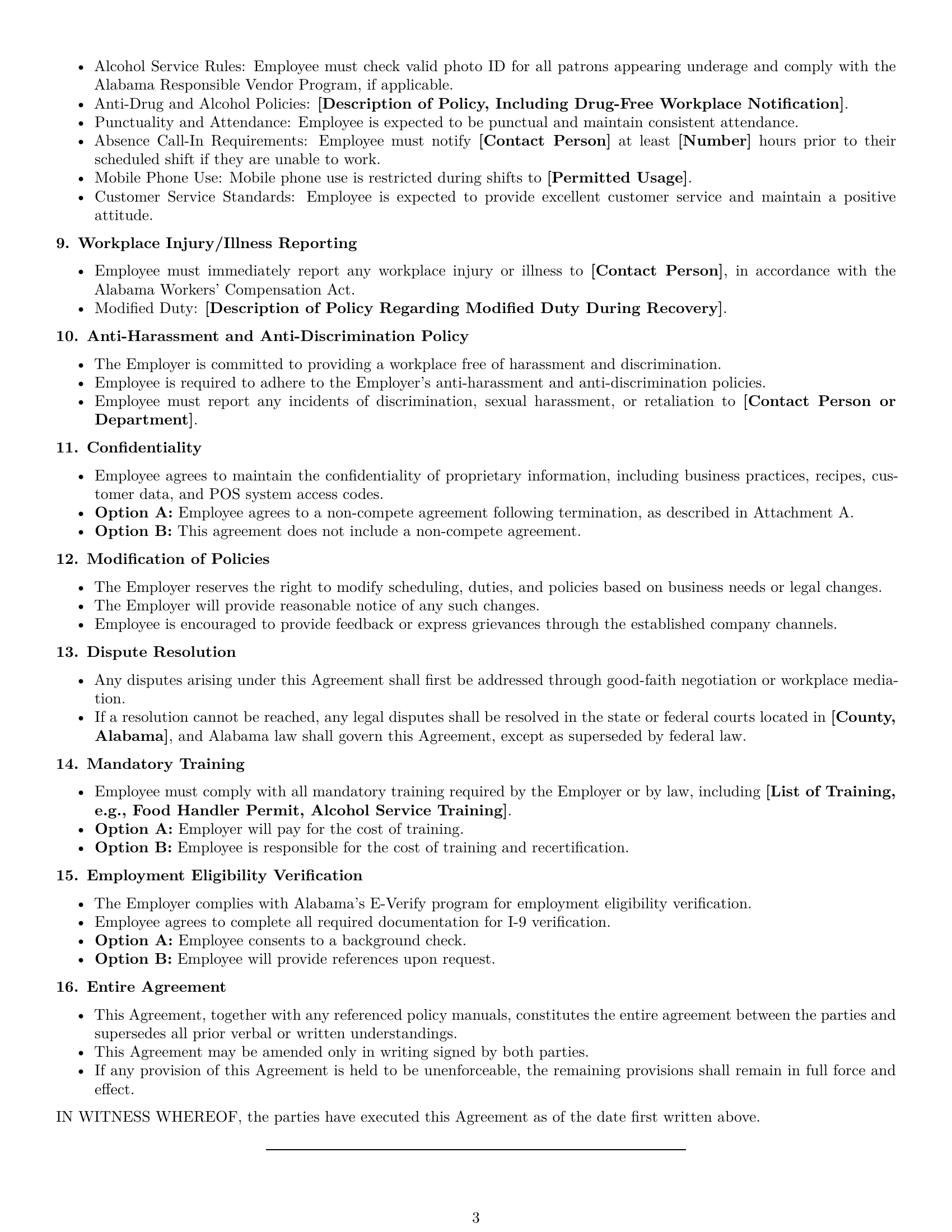Preview page 3 of Free Alabama restaurant server employment contract template