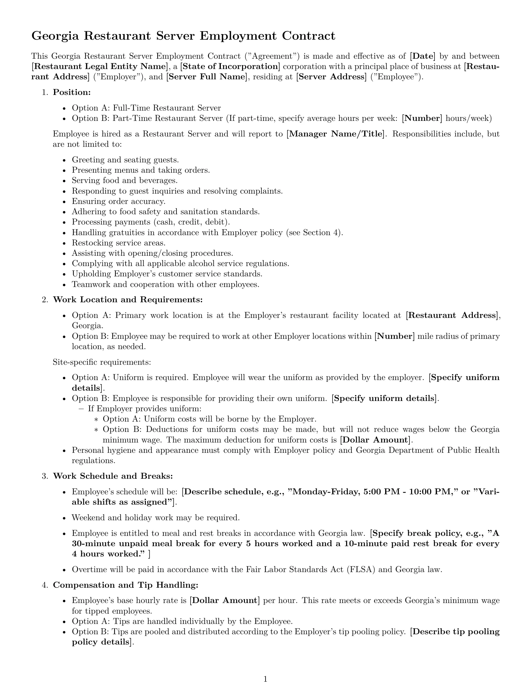 Preview page 1 of Free Georgia restaurant server employment contract template