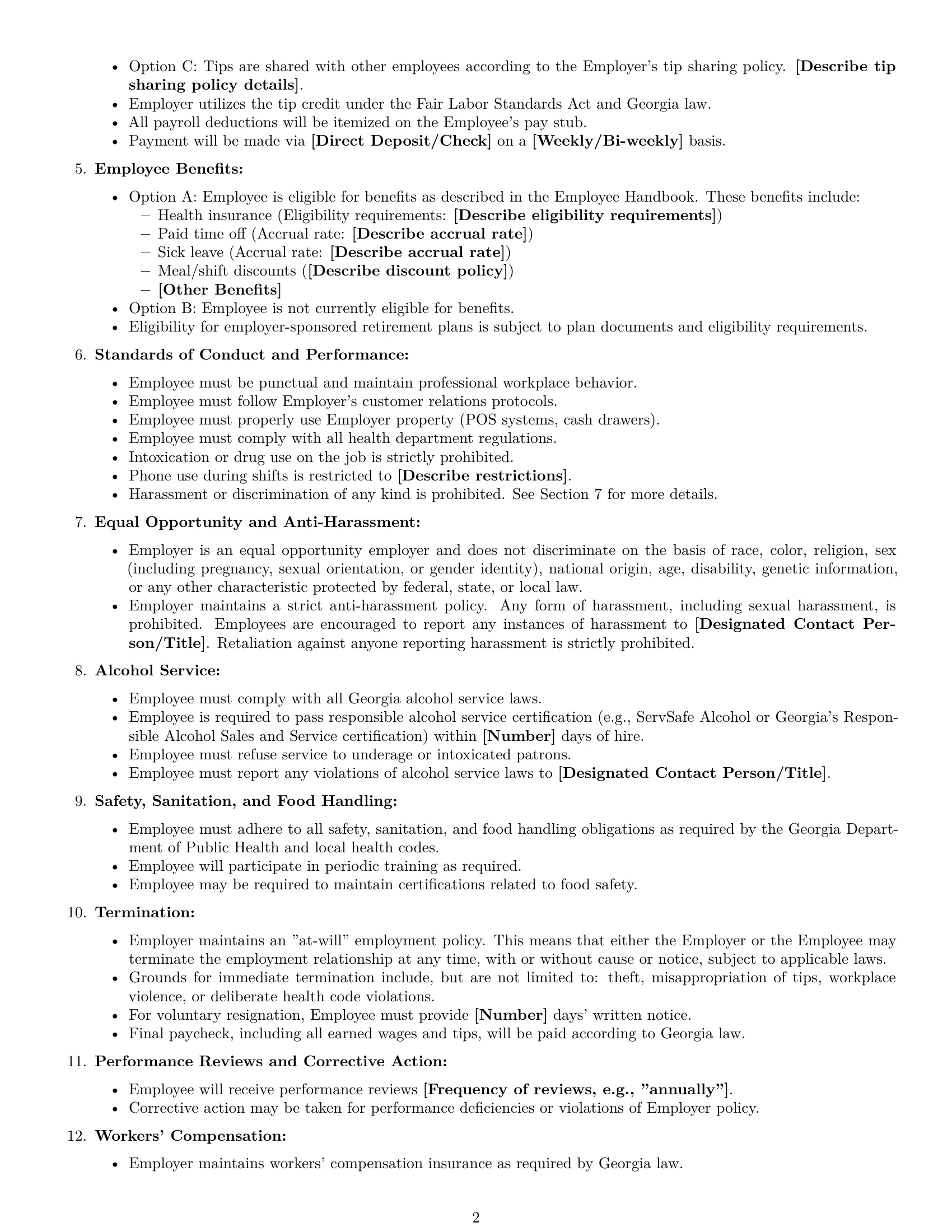 Preview page 2 of Free Georgia restaurant server employment contract template