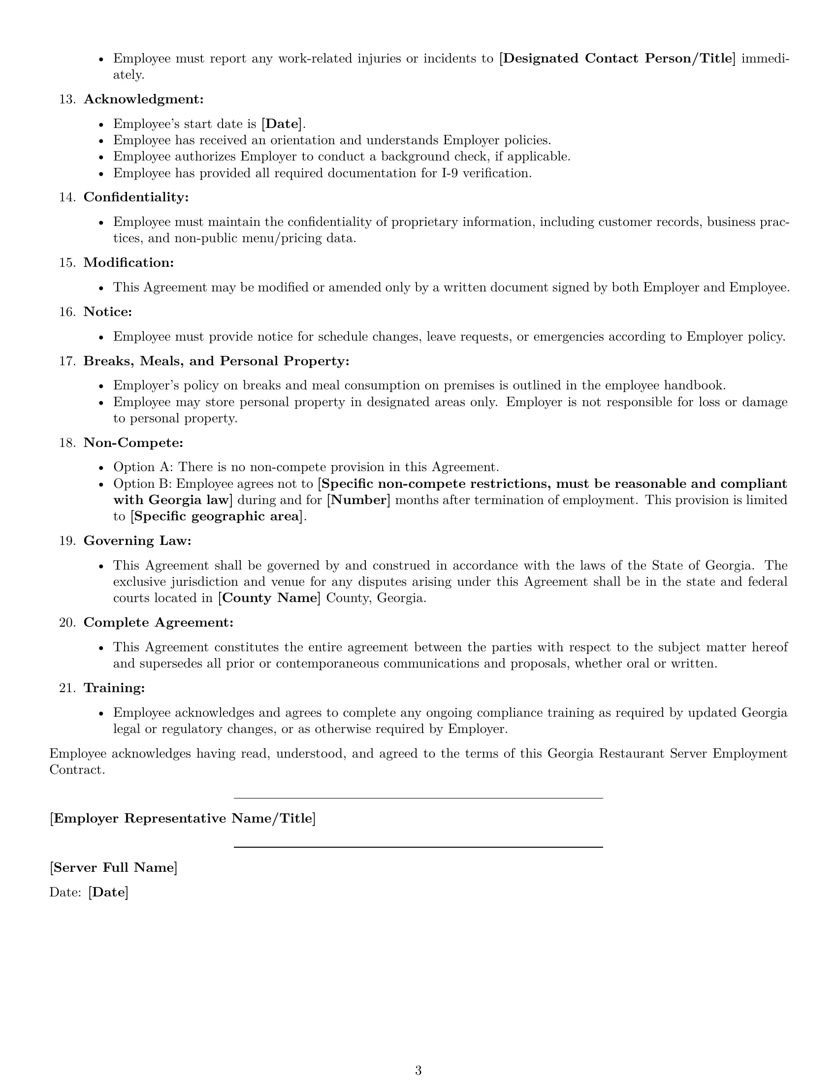 Preview page 3 of Free Georgia restaurant server employment contract template