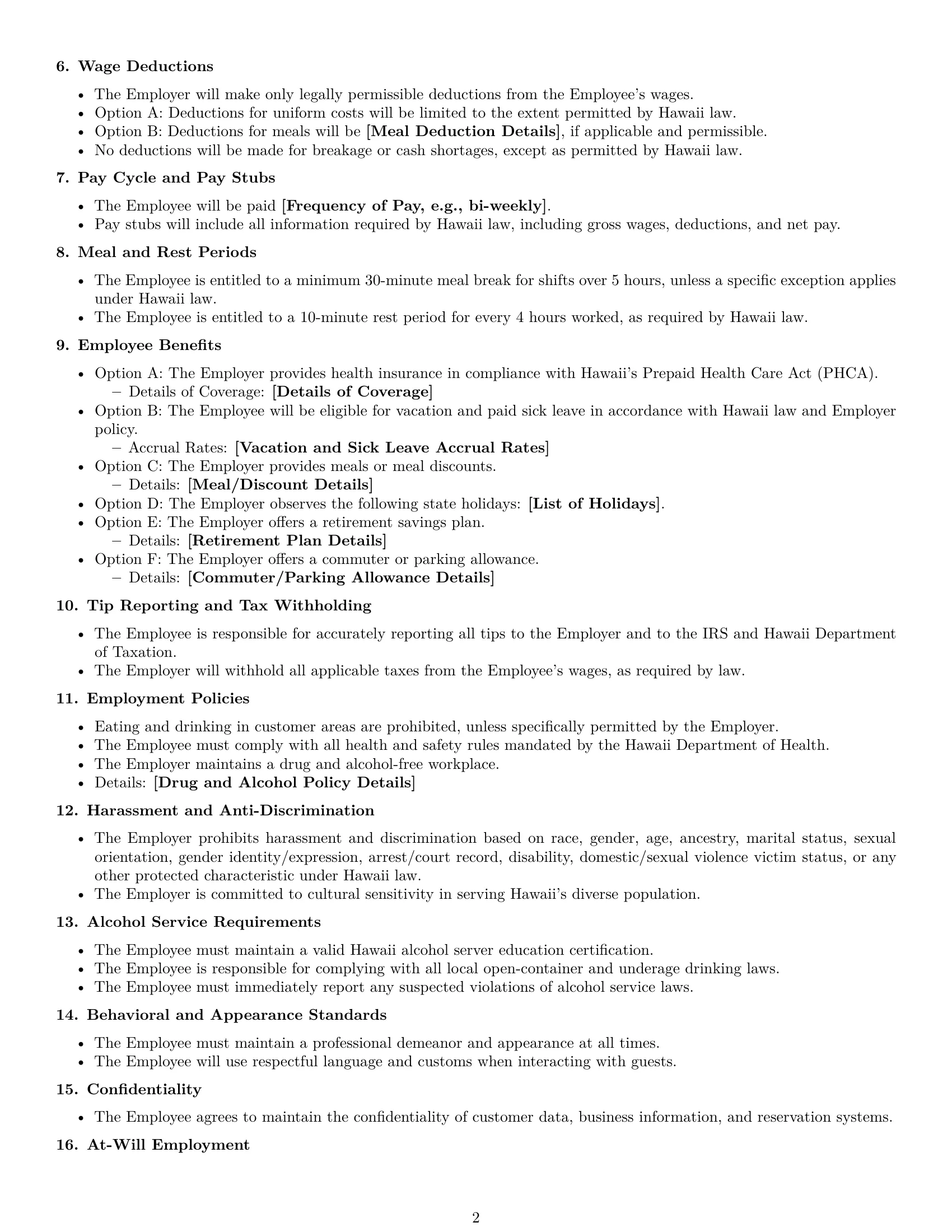 Preview page 2 of Free Hawaii restaurant server employment contract template