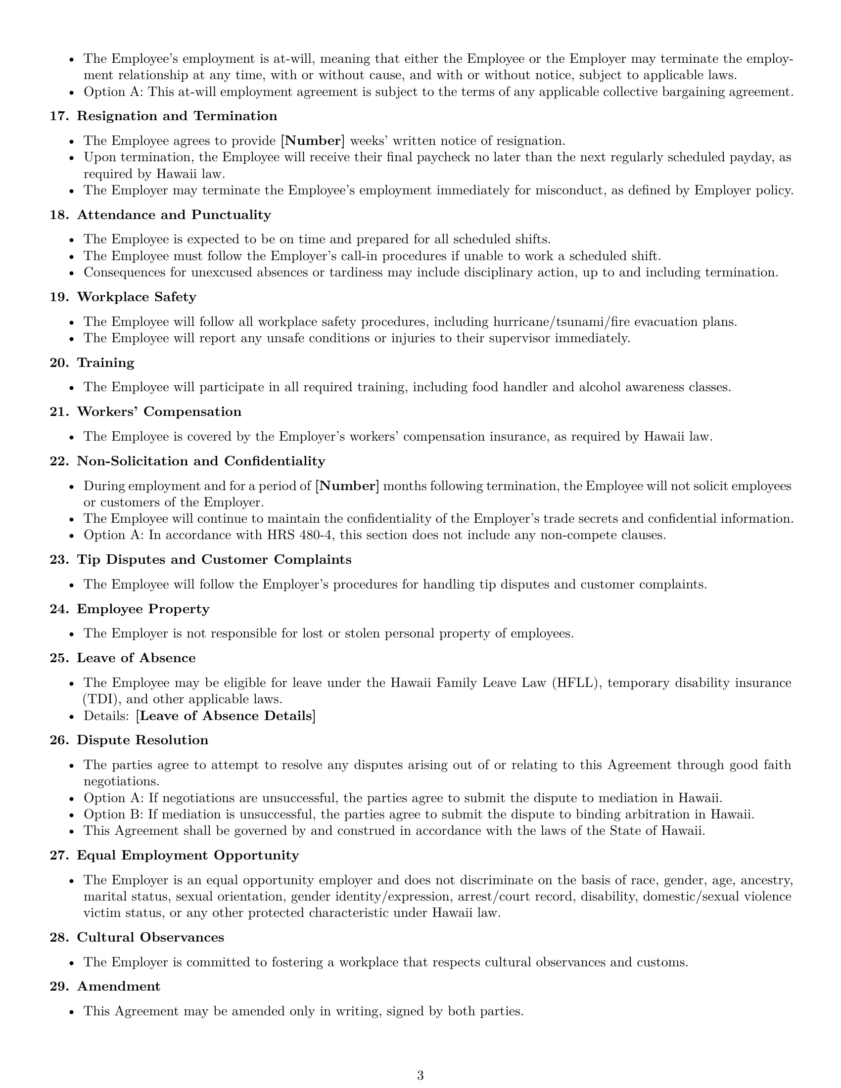 Preview page 3 of Free Hawaii restaurant server employment contract template