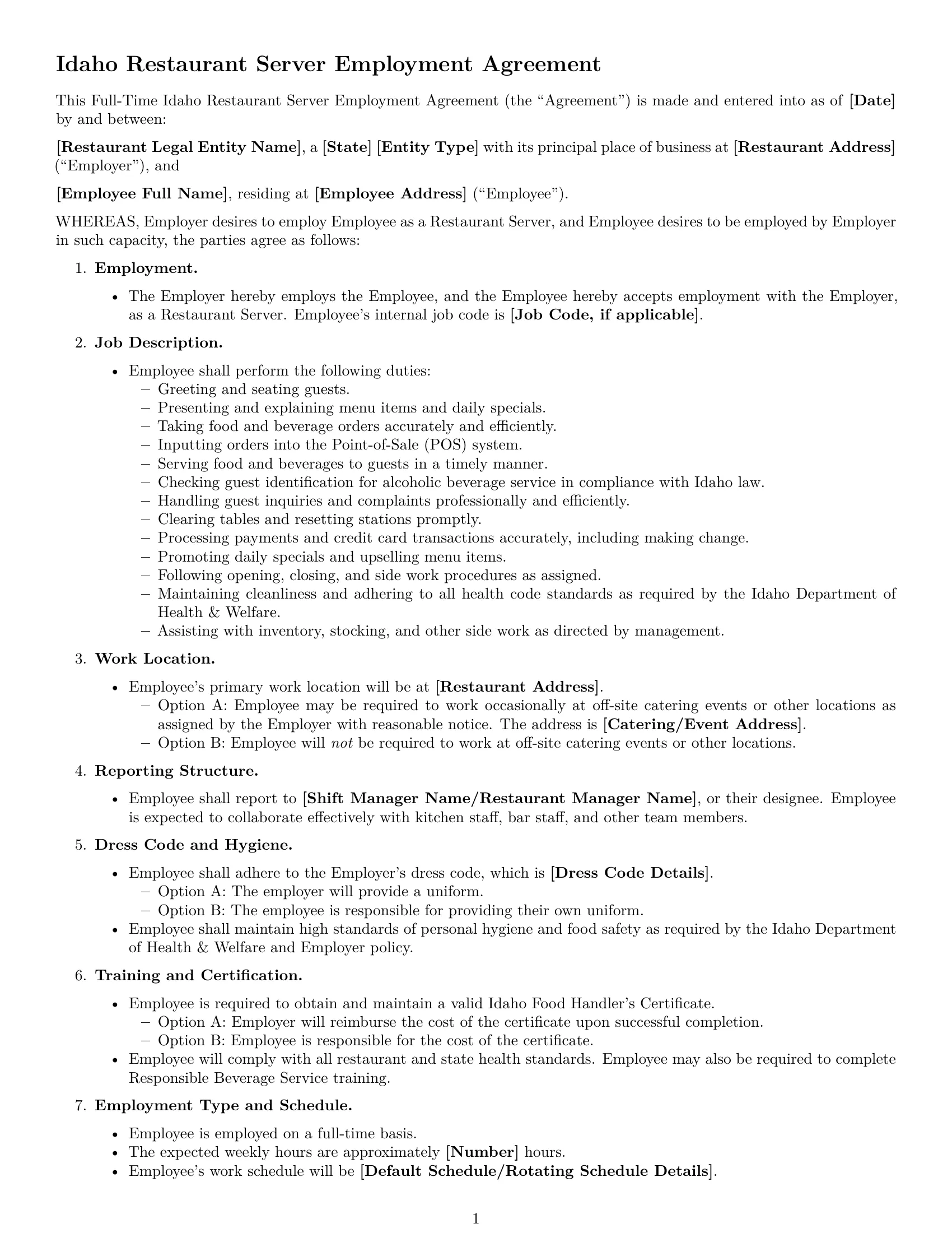 Preview page 1 of Free Idaho restaurant server employment contract template