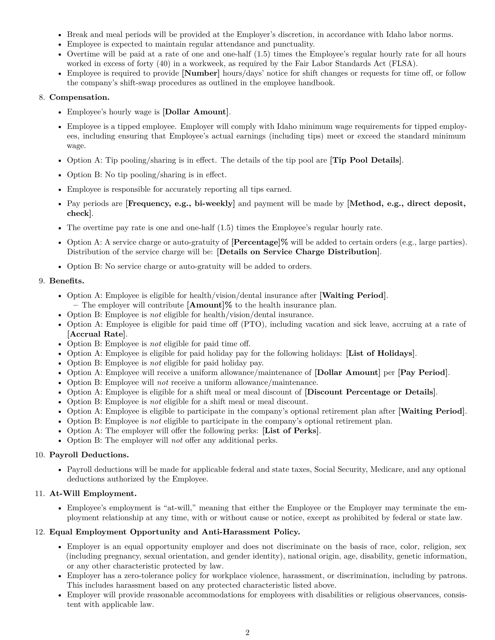 Preview page 2 of Free Idaho restaurant server employment contract template