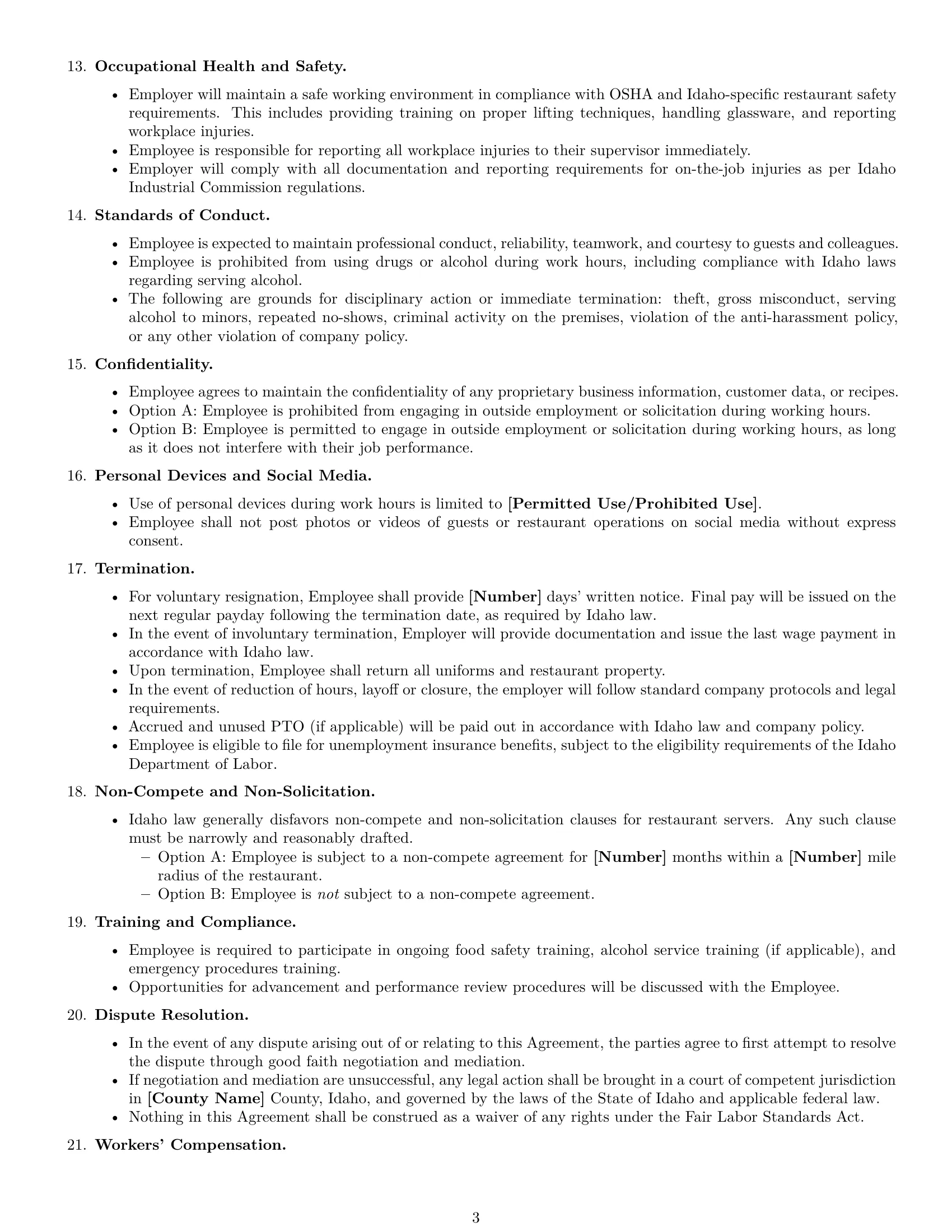 Preview page 3 of Free Idaho restaurant server employment contract template